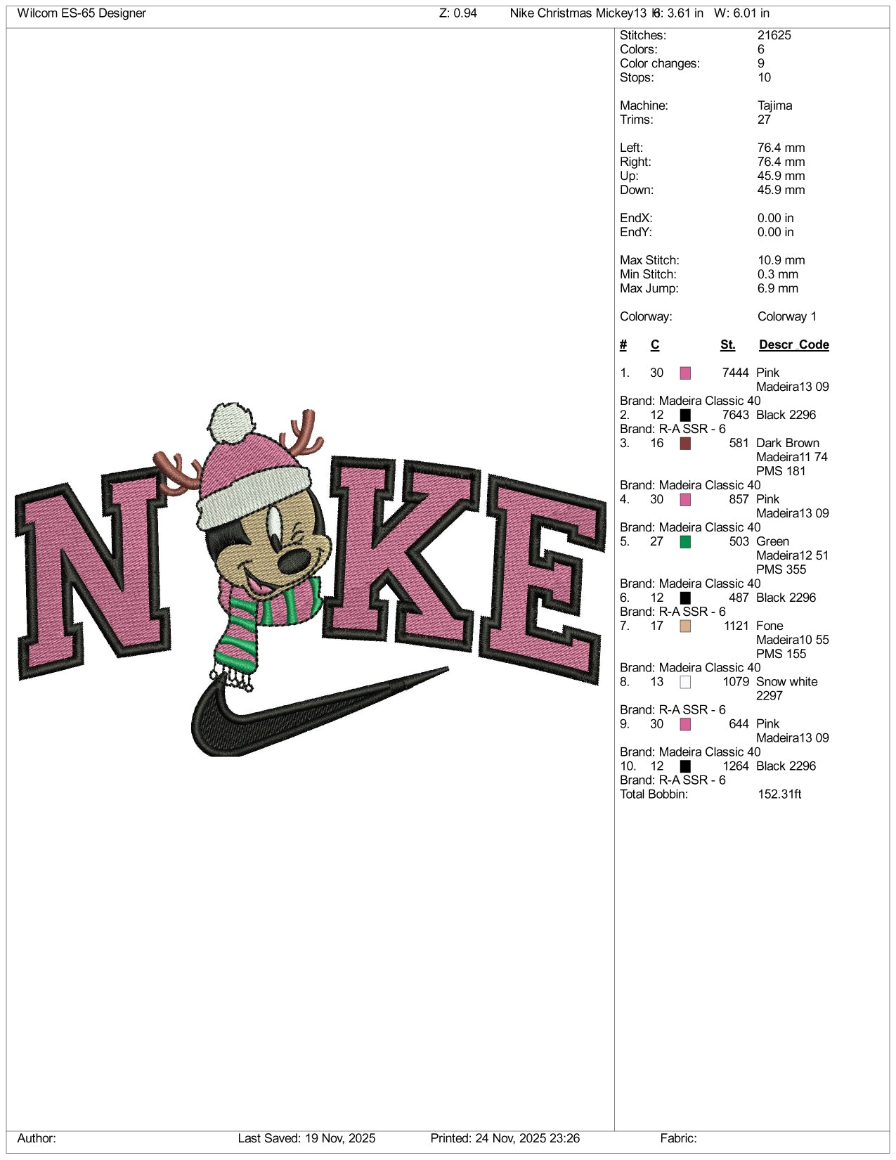 Nike Mickey Mouse v12 Embroidery Design Files - 3 Size's