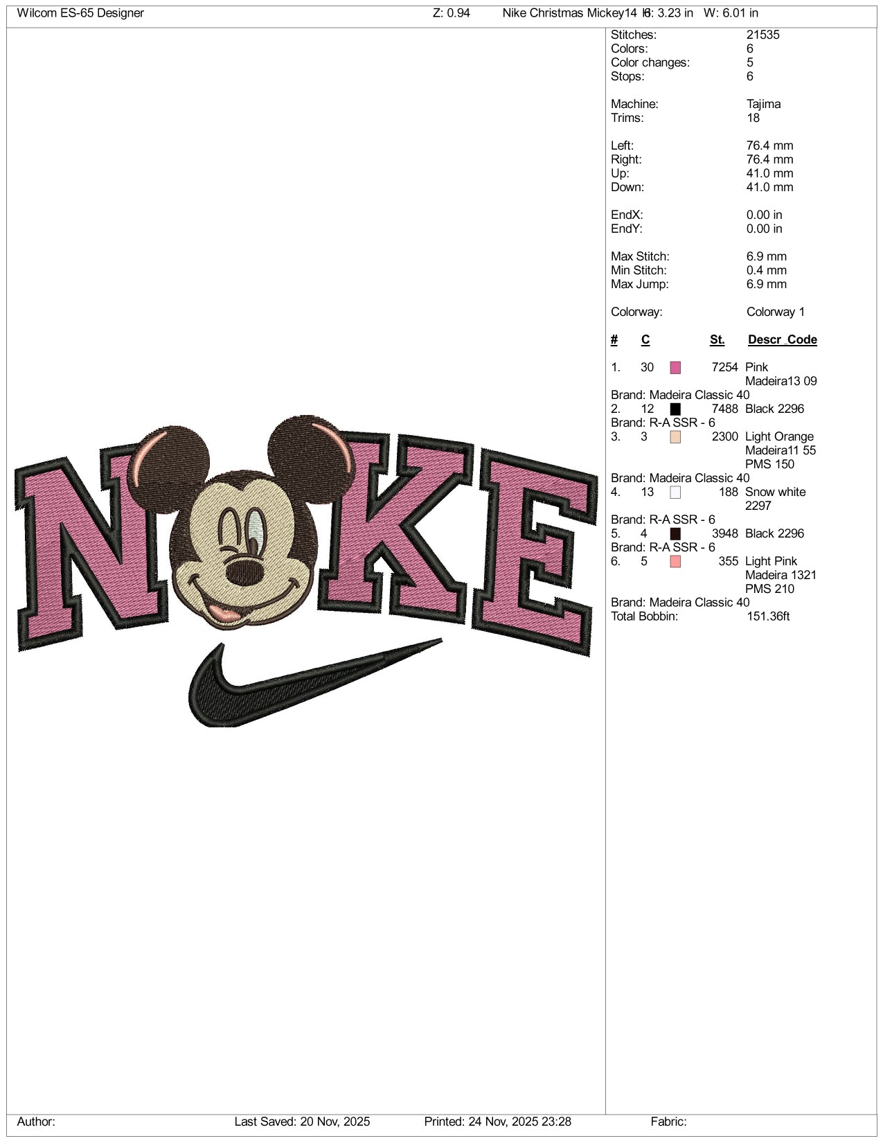 Nike Mickey Mouse v13 Embroidery Design Files - 3 Size's