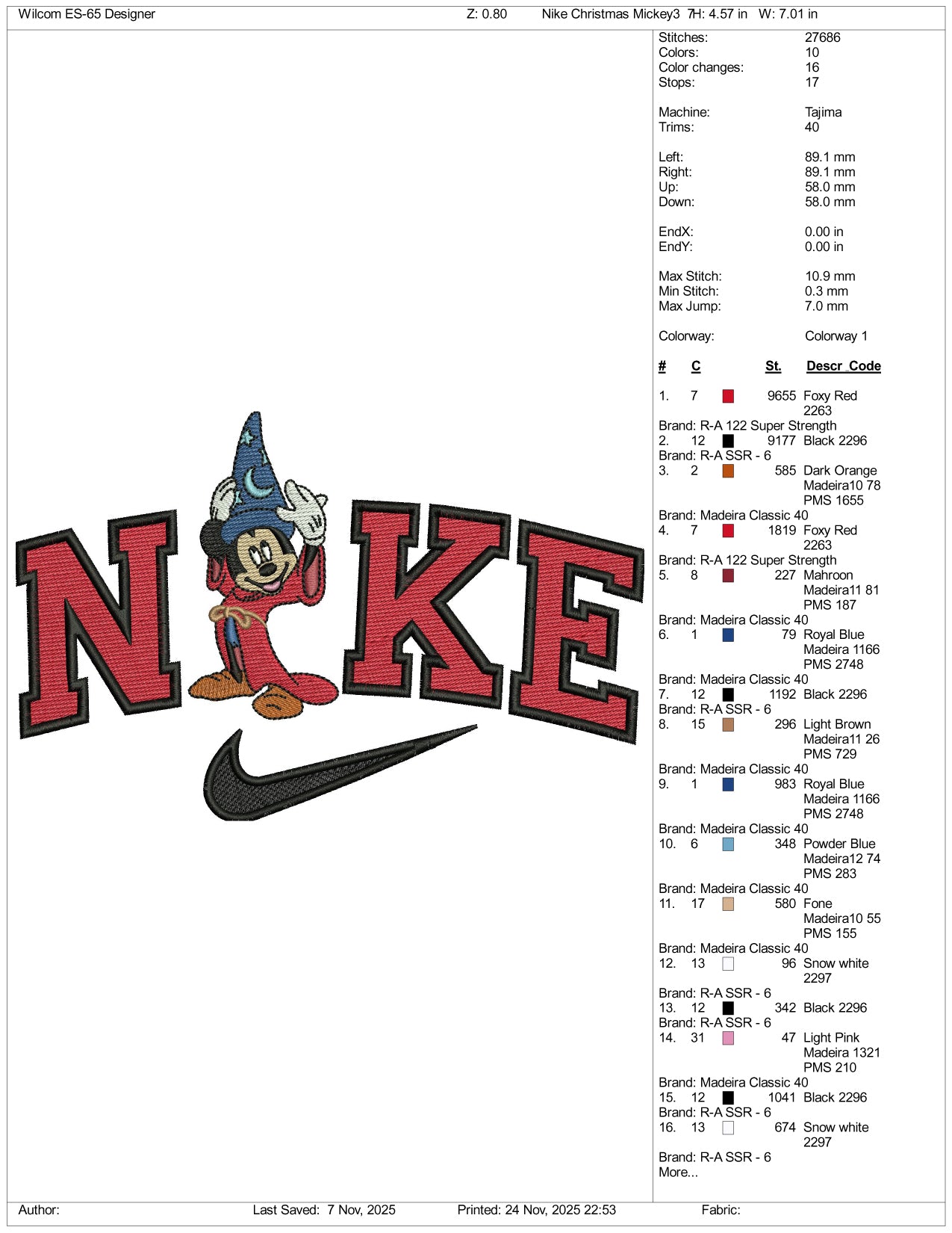 Nike Mickey Mouse Magician v3 Embroidery Design Files - 3 Size's