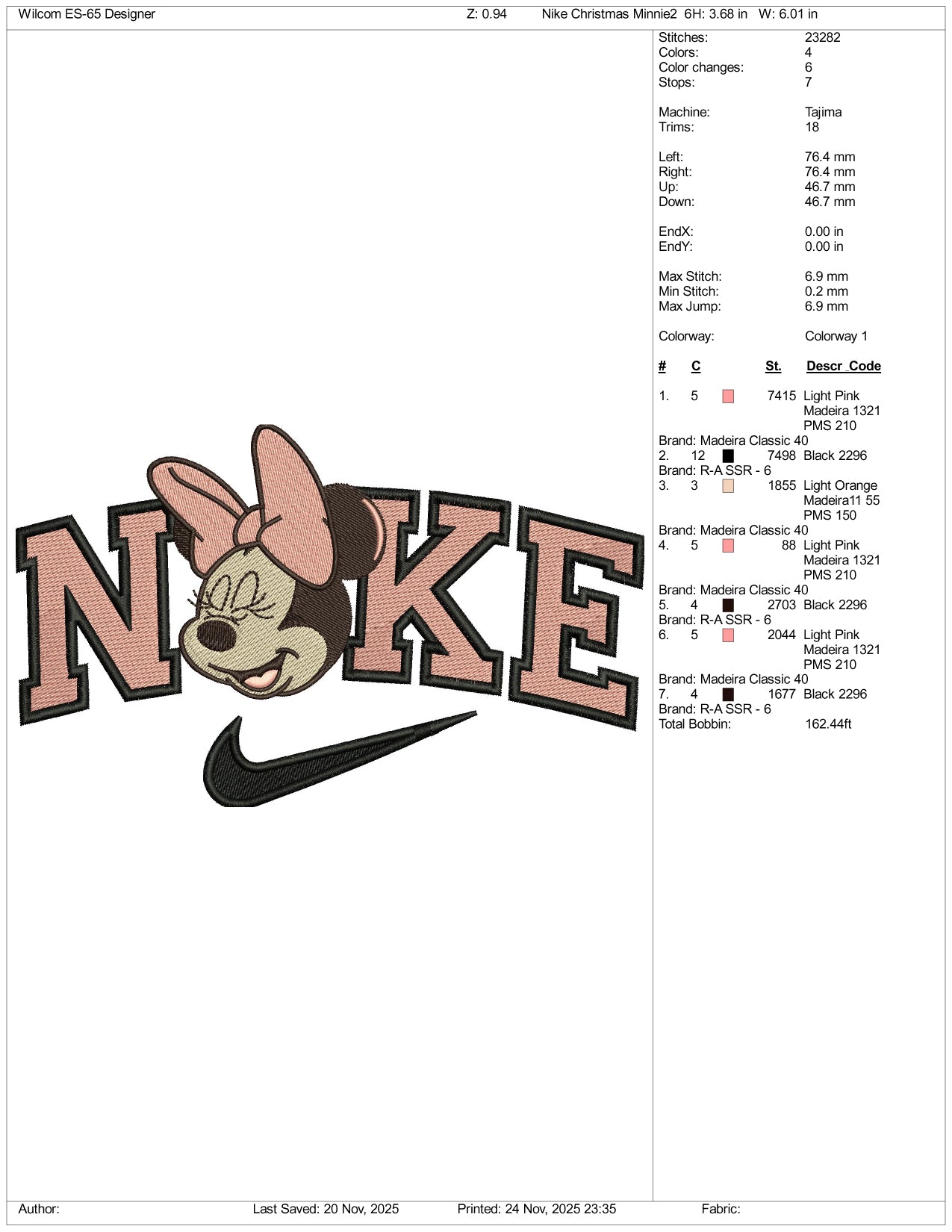 Nike Minnie Mouse v18 Embroidery Design Files - 3 Size's