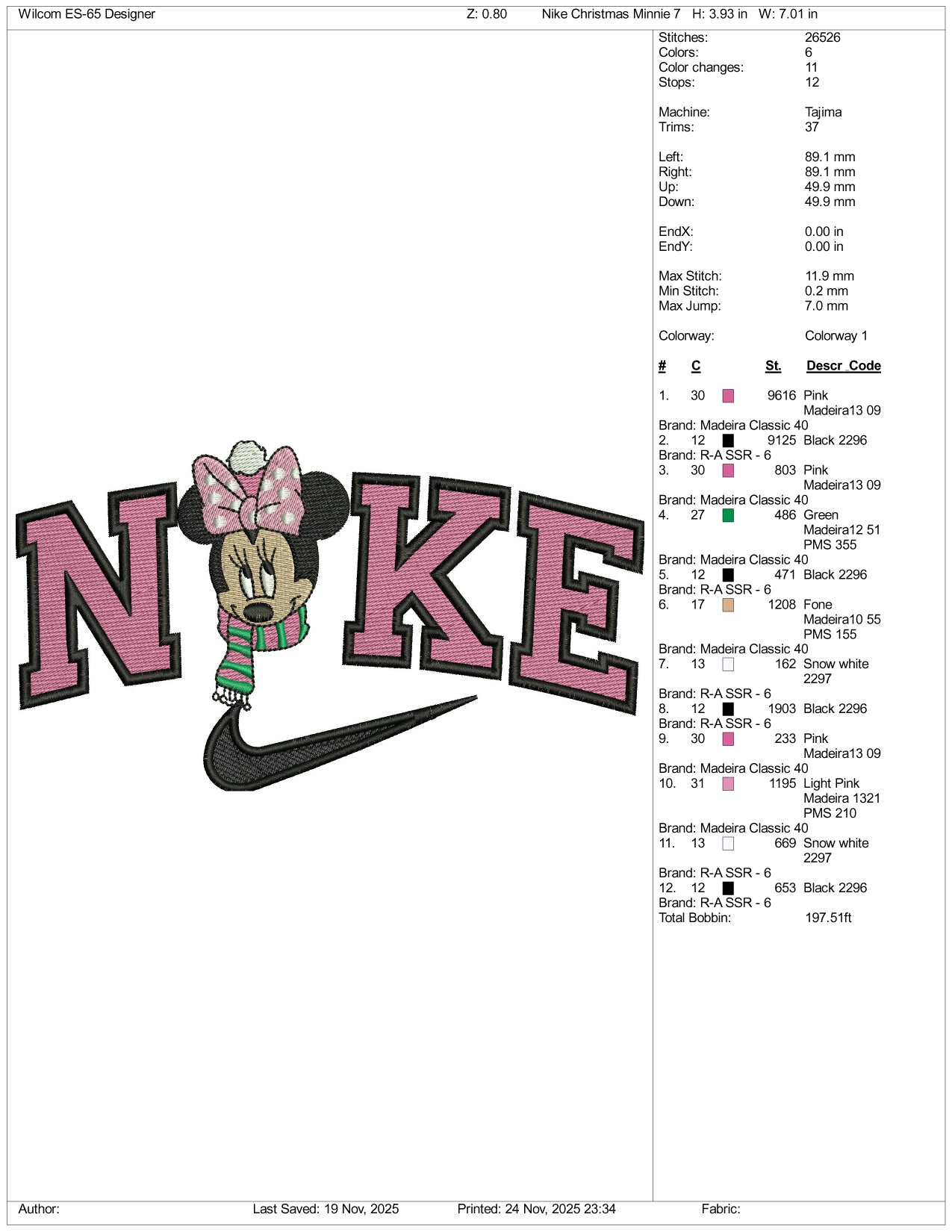 Nike Minnie Mouse v17 Embroidery Design Files - 3 Size's