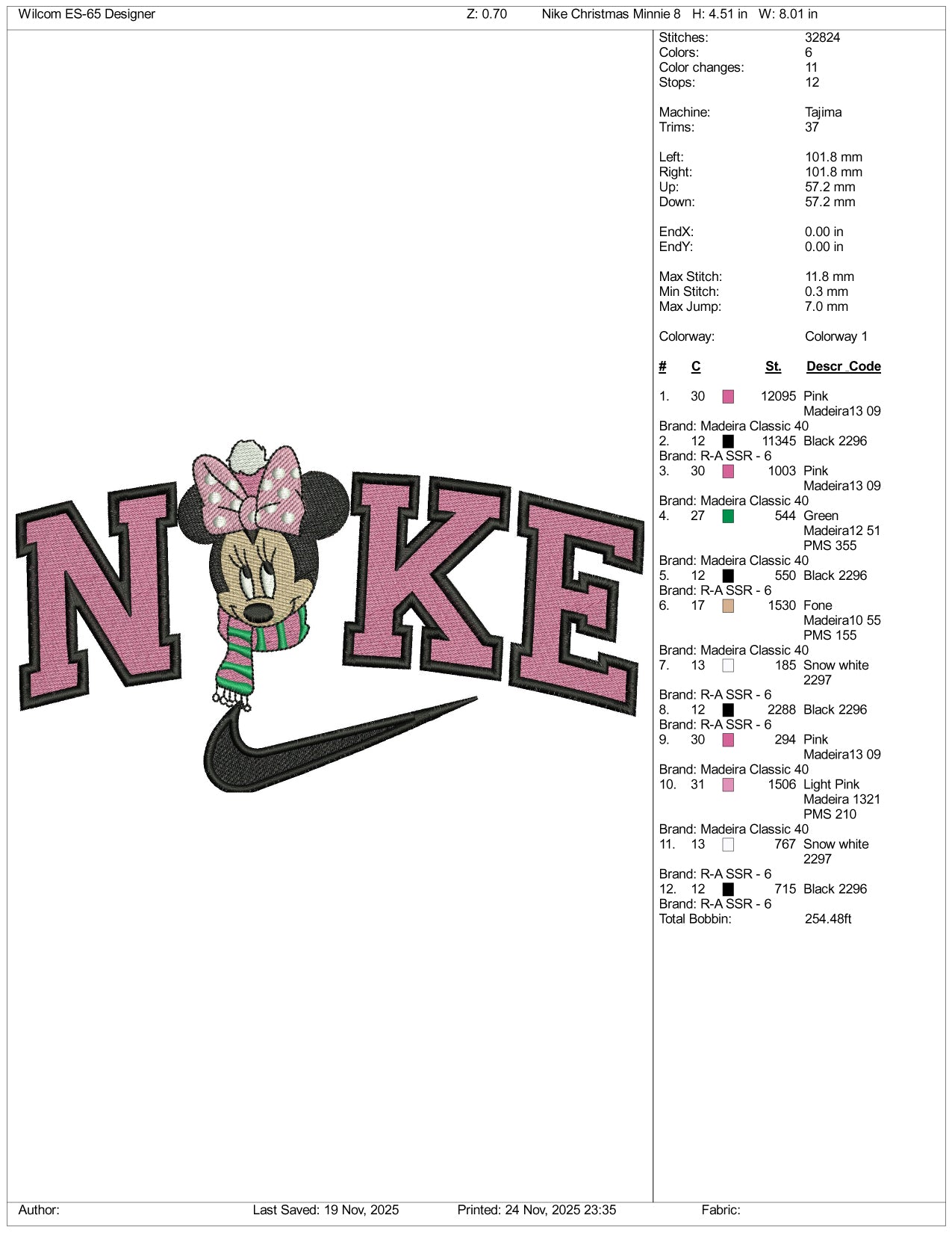Nike Minnie Mouse v17 Embroidery Design Files - 3 Size's
