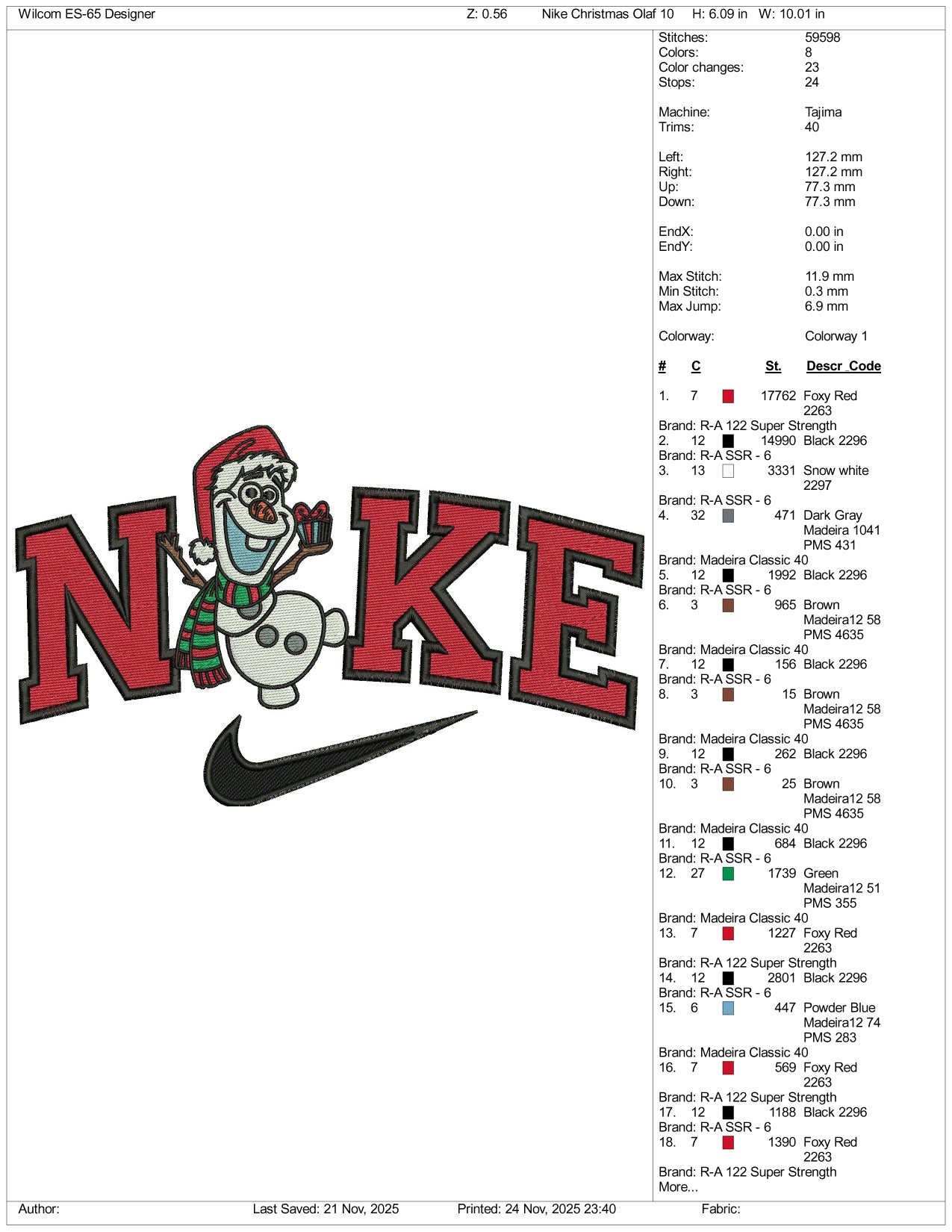 Nike Olaf v2 Embroidery Design Files - 3 Size's