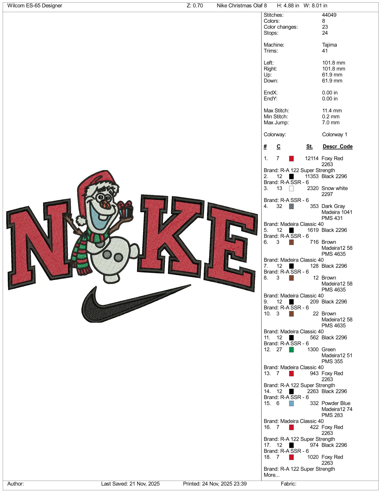 Nike Olaf v2 Embroidery Design Files - 3 Size's