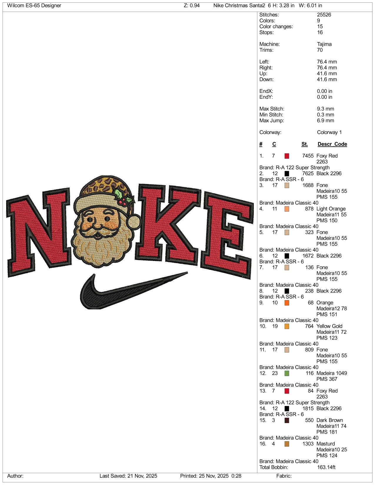 Nike Santa Claus v2 Embroidery Design Files - 3 Size's
