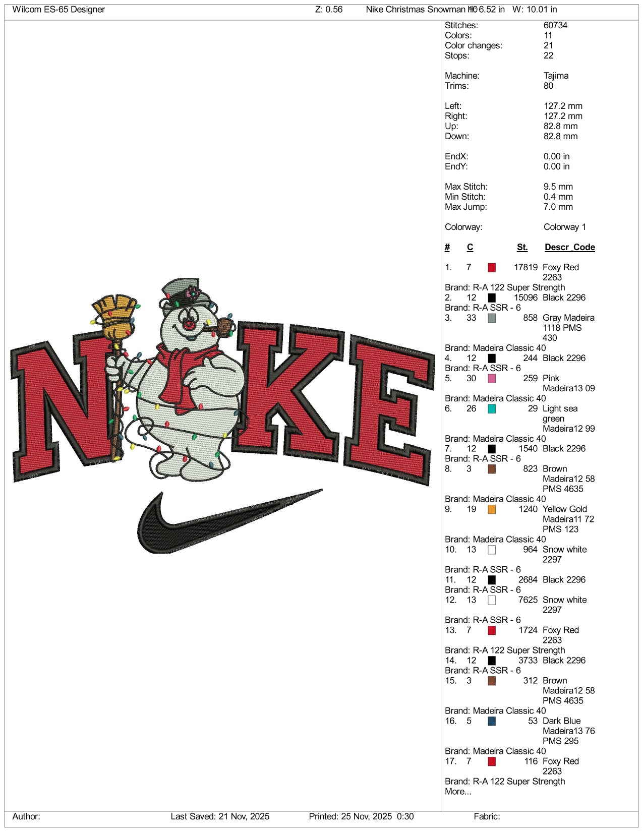 Nike Frosty the Snowman Embroidery Design Files - 2 Size's