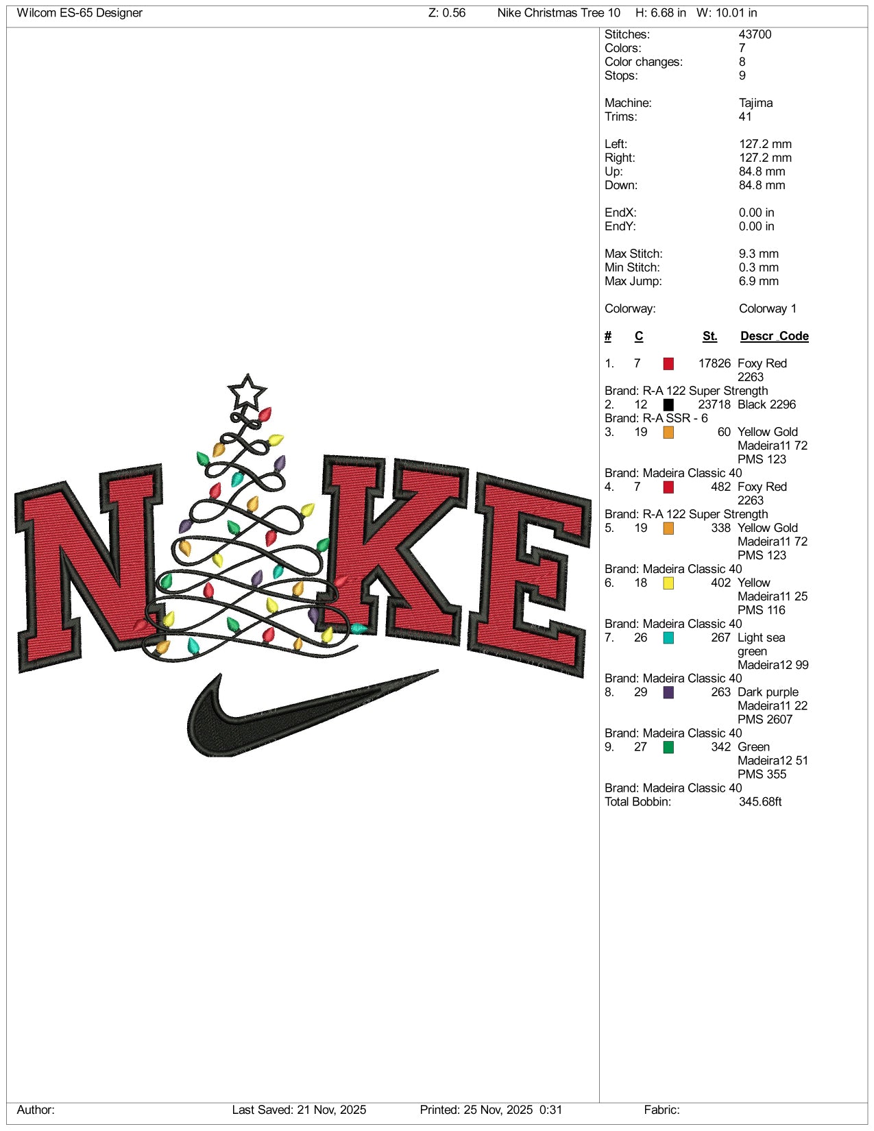 Nike Christmas Tree Embroidery Design Files - 4 Size's