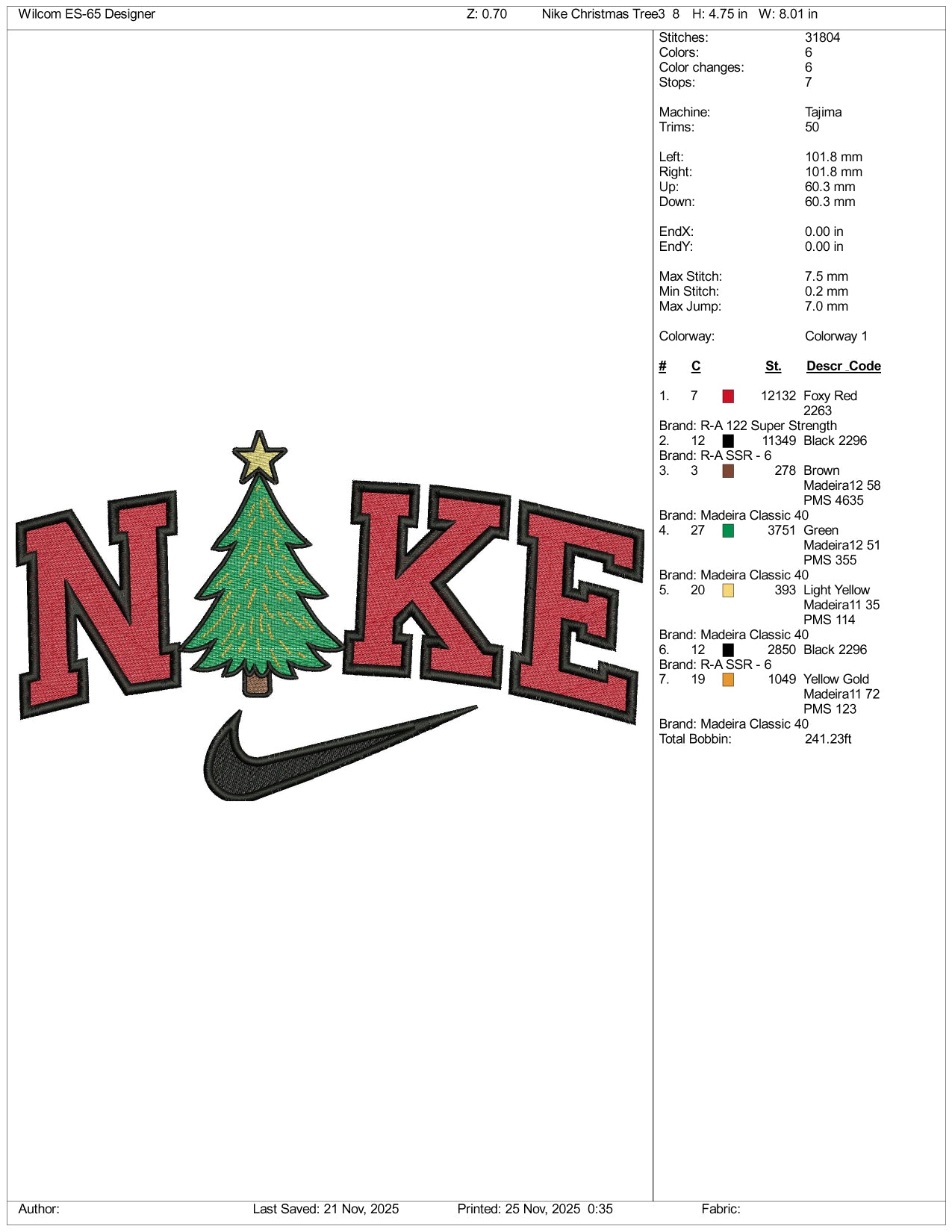 Nike Christmas Tree v3 Embroidery Design Files - 3 Size's