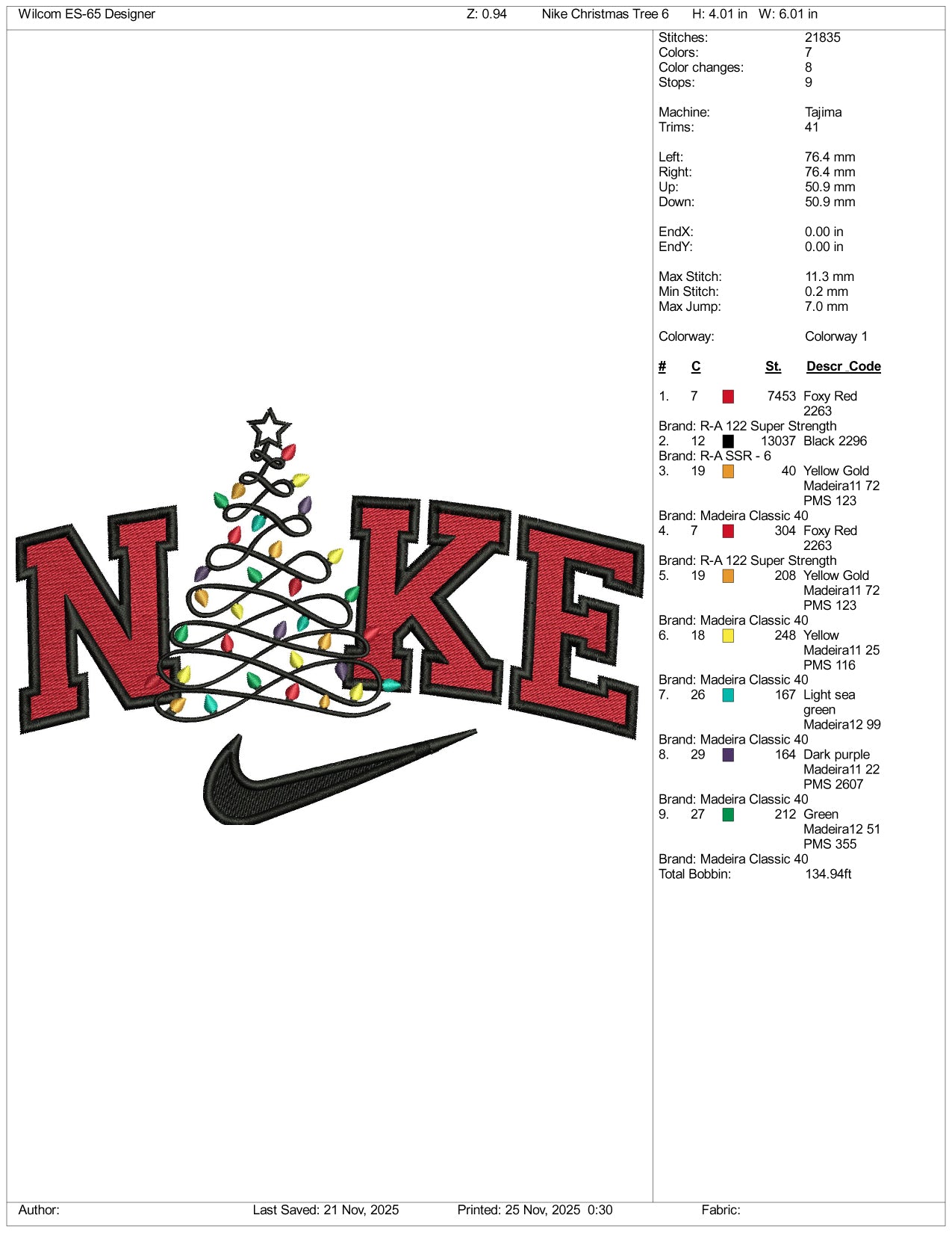 Nike Christmas Tree Embroidery Design Files - 4 Size's