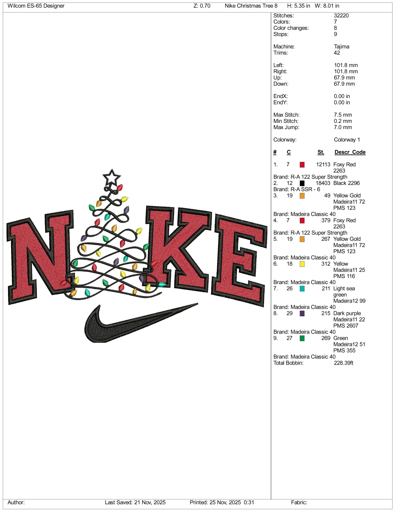 Nike Christmas Tree Embroidery Design Files - 4 Size's