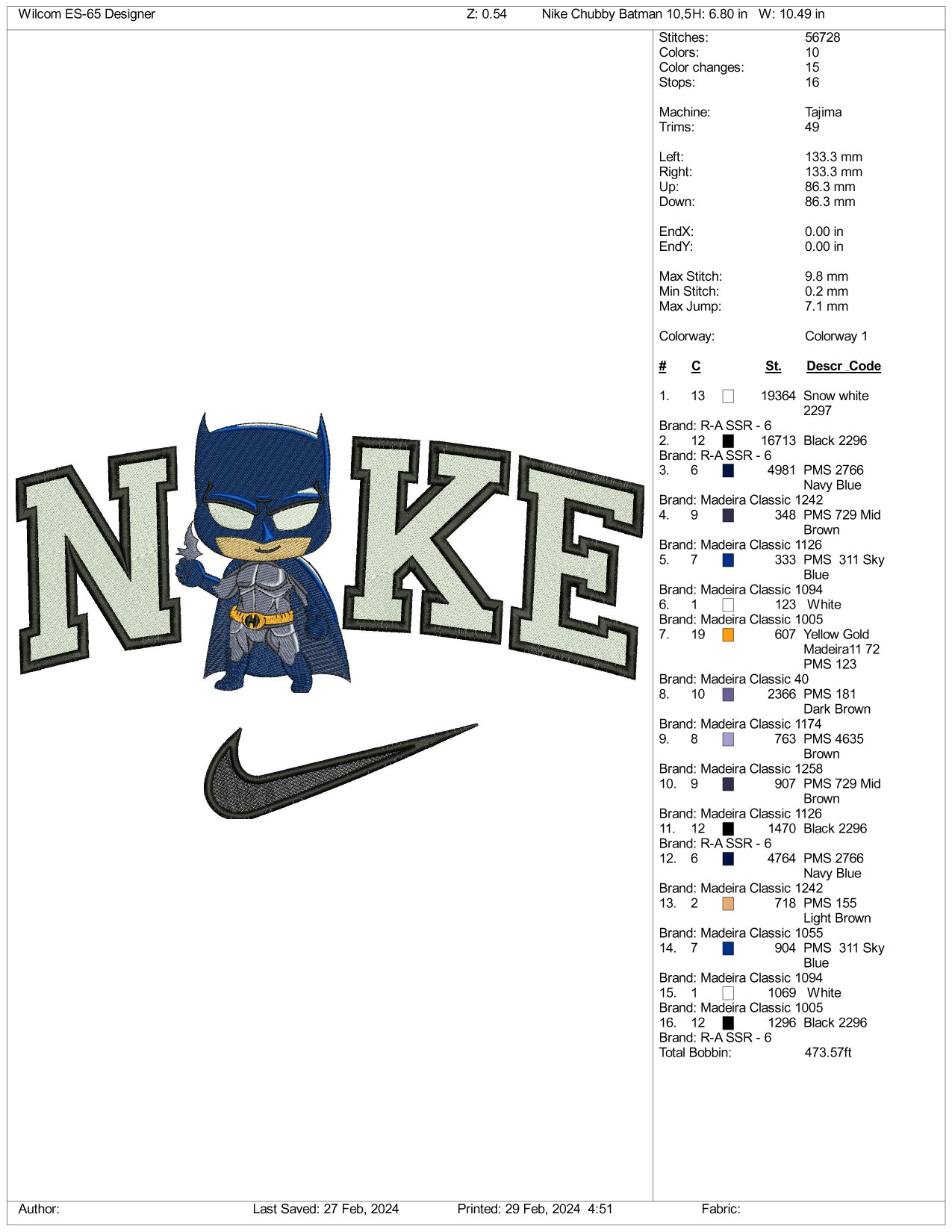 Nike Chibi Batman Embroidery Design Files - 3 Size's