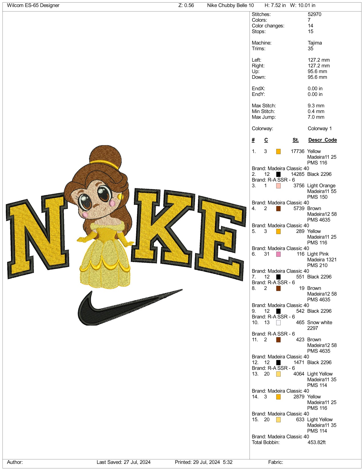 Nike Chibi Belle Embroidery Design Files - 3 Size's