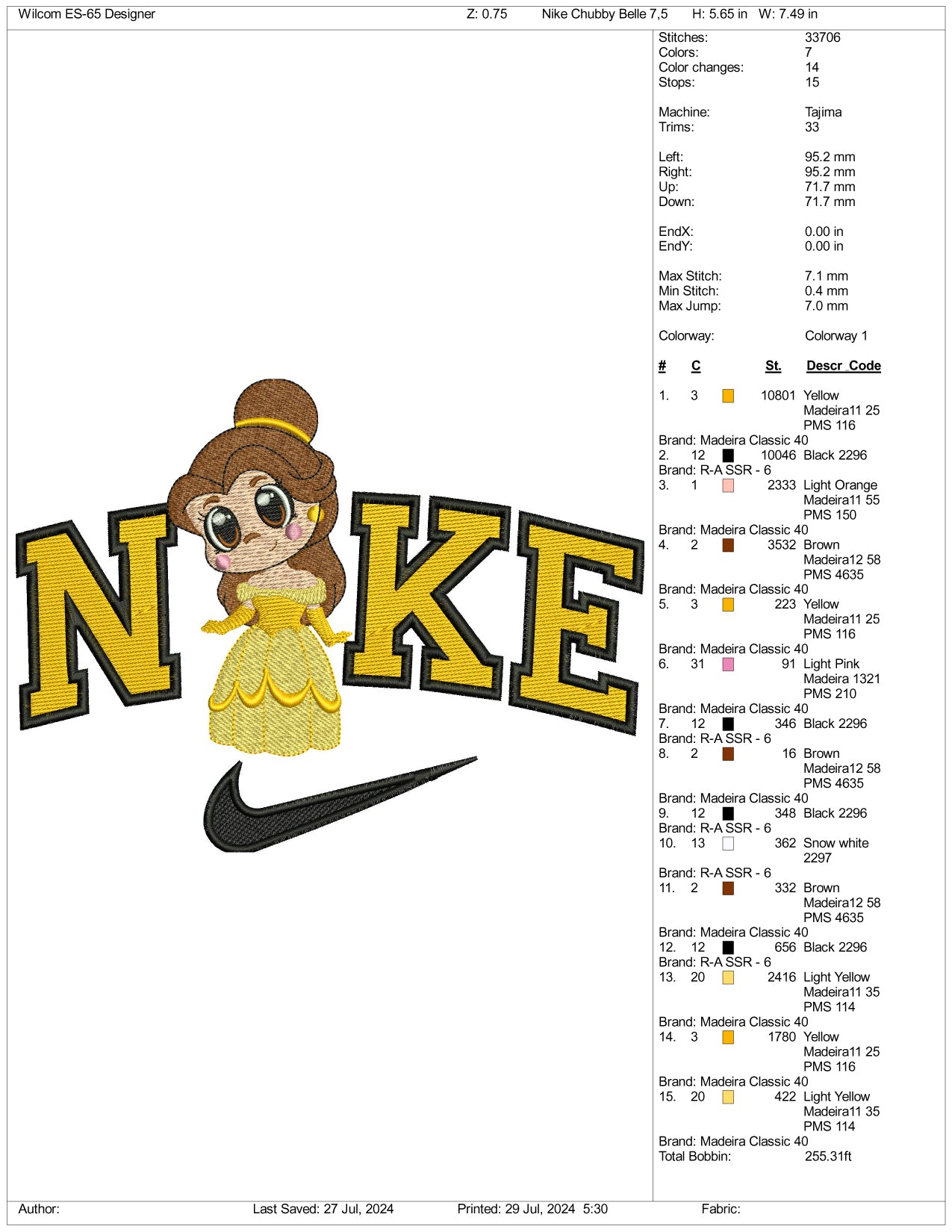 Nike Chibi Belle Embroidery Design Files - 3 Size's