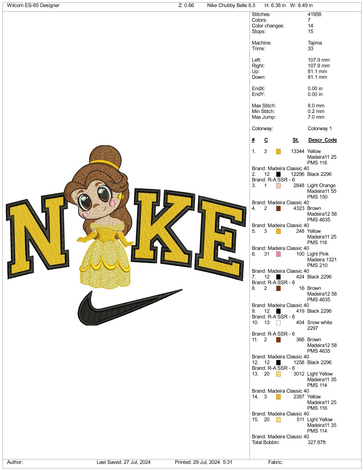 Nike Chibi Belle Embroidery Design Files - 3 Size's