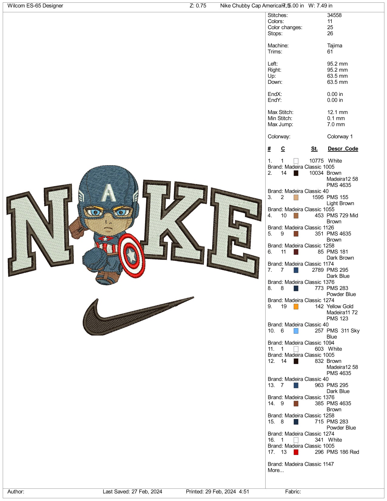 Nike Chibi Captain America Embroidery Design Files - 3 Size's