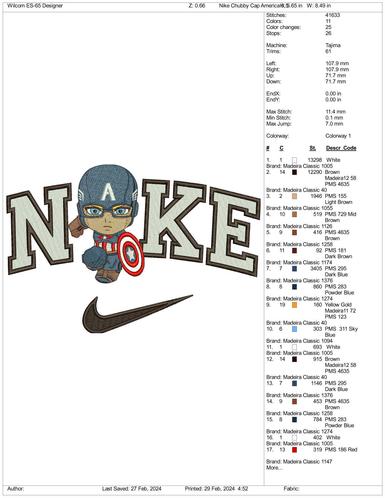 Nike Chibi Captain America Embroidery Design Files - 3 Size's