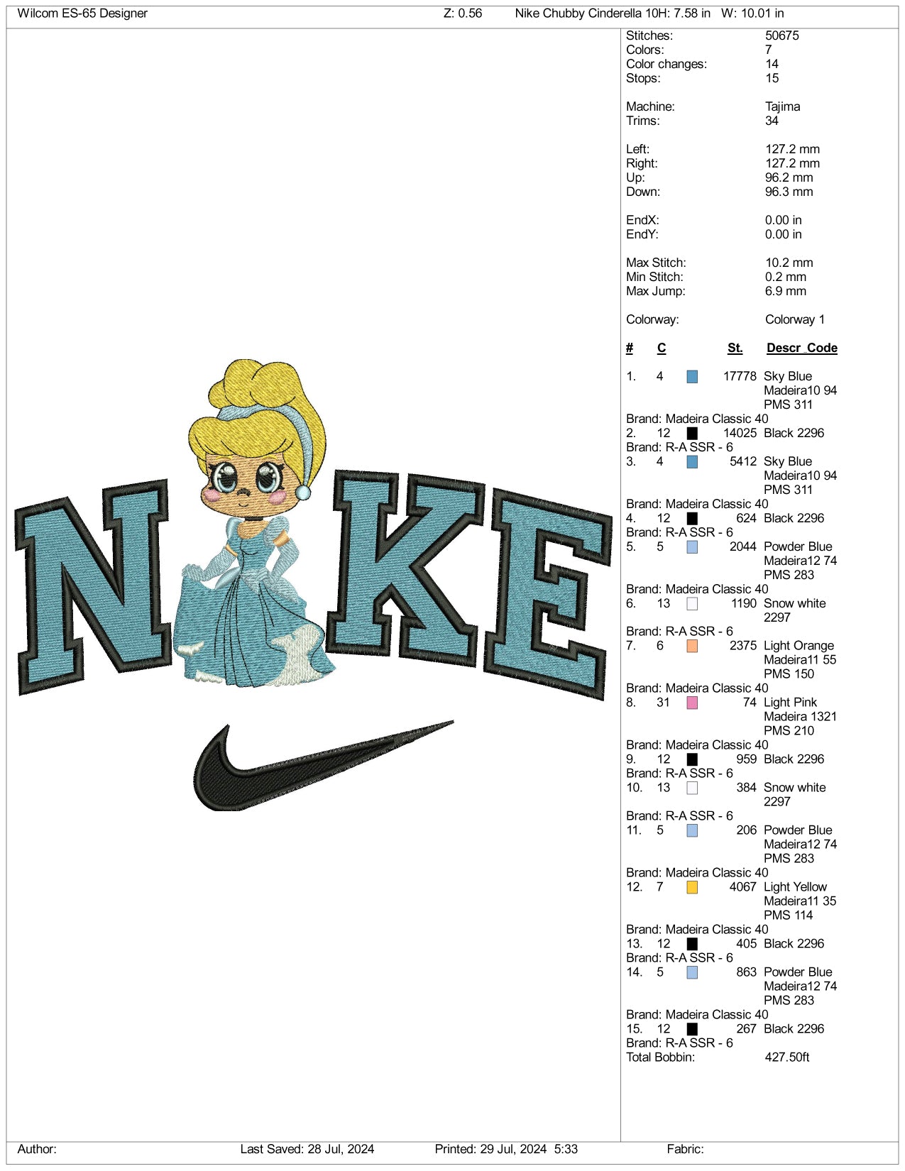 Nike Chibi Cinderella Embroidery Design Files - 3 Size's