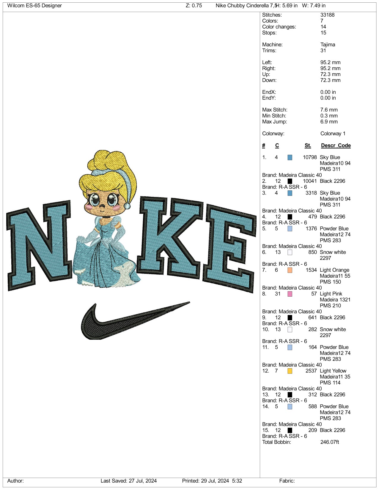 Nike Chibi Cinderella Embroidery Design Files - 3 Size's