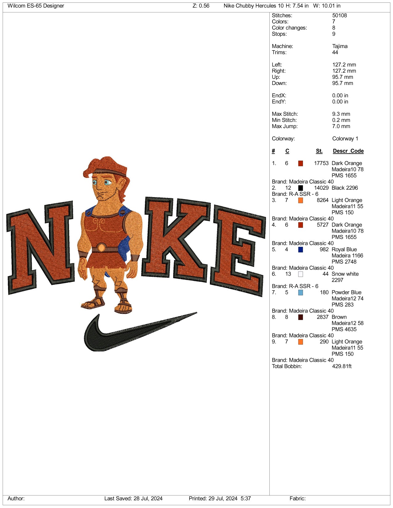 NIke Chibi Hercules Embroidery Design Files - 3 Size's