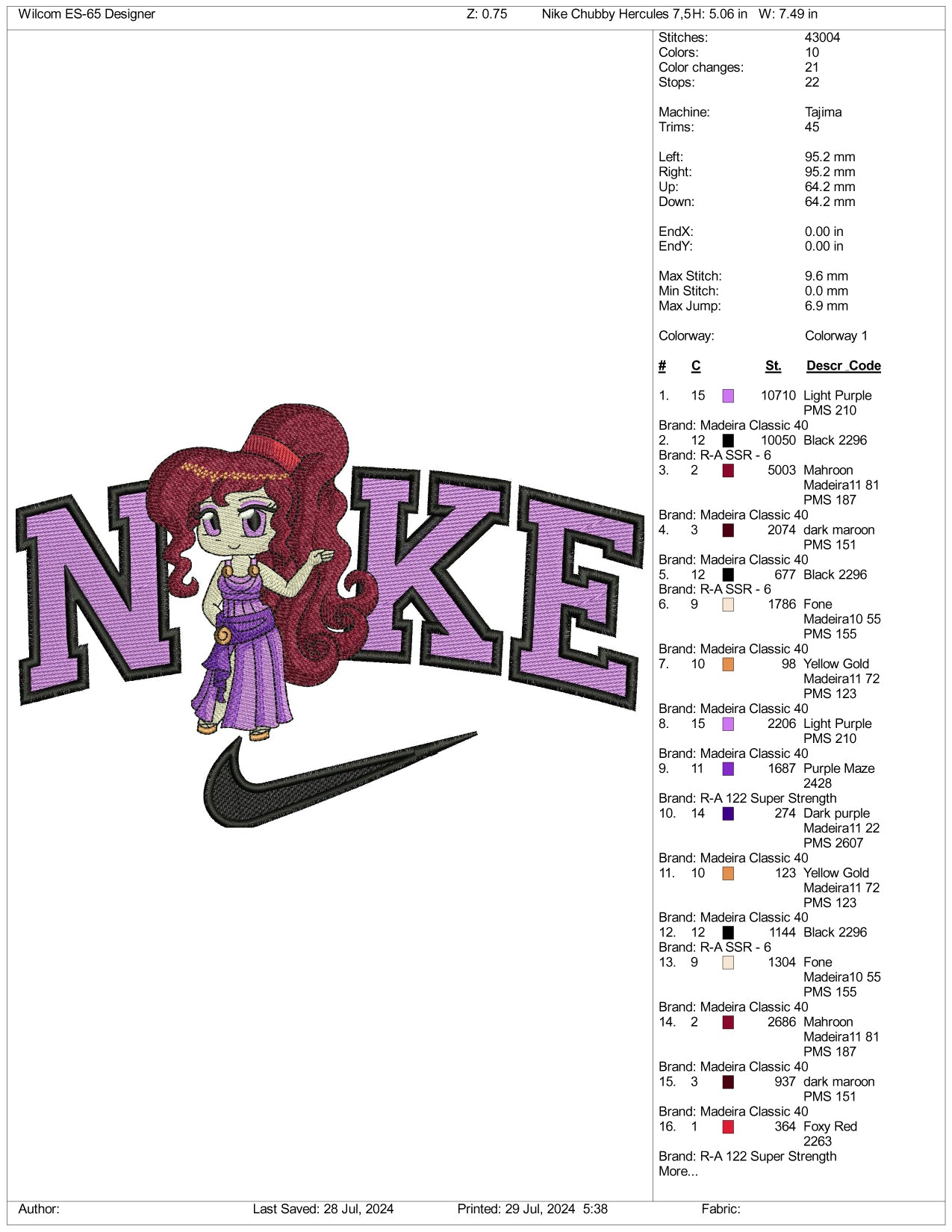 Nike Chibi Megara v2 Embroidery Design Files - 3 Size's