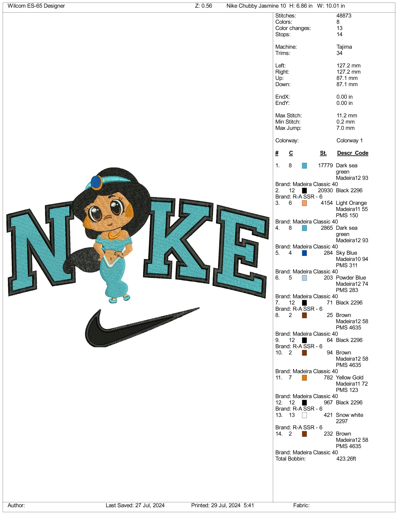 Nike Chibi Jasmine Embroidery Design Files - 3 Size's