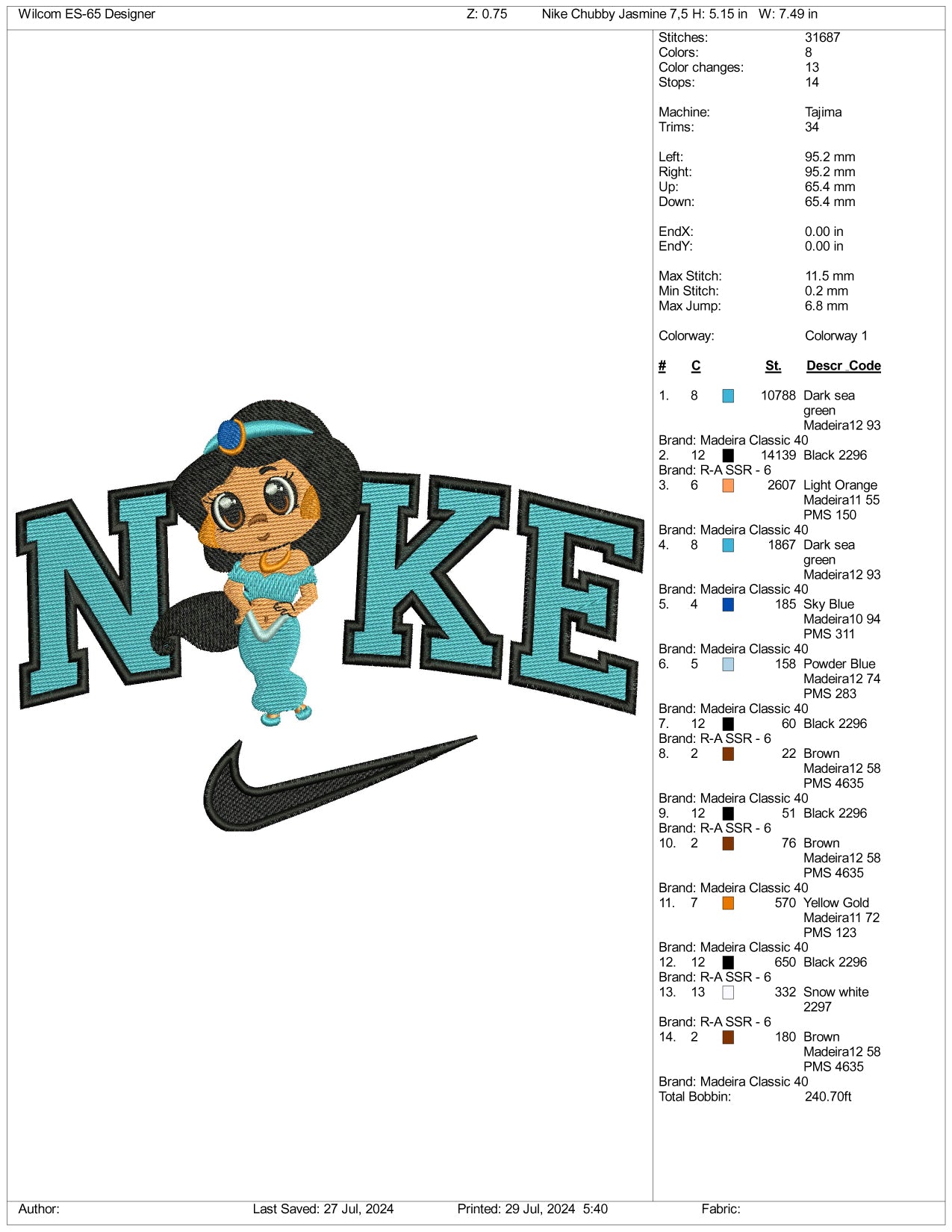 Nike Chibi Jasmine Embroidery Design Files - 3 Size's