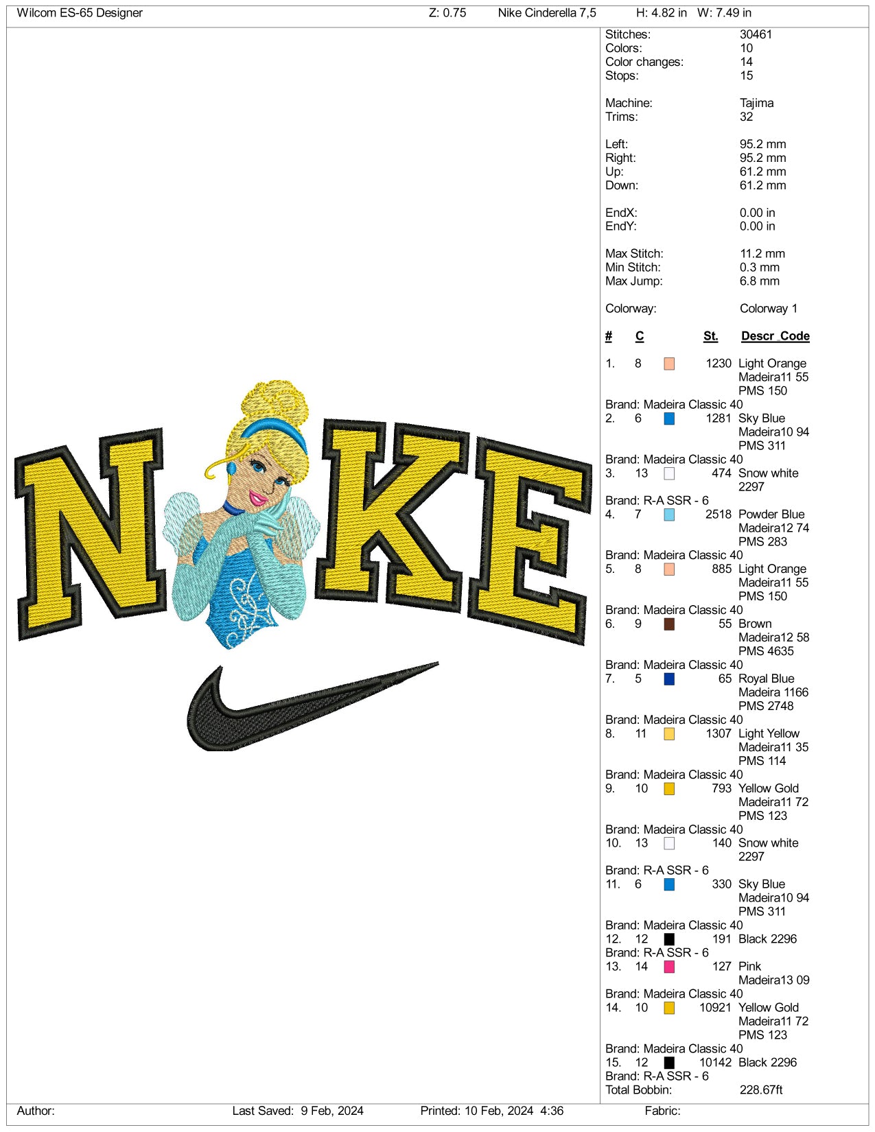 Nike Cinderella Half Embroidery Design Files - 3 Size's