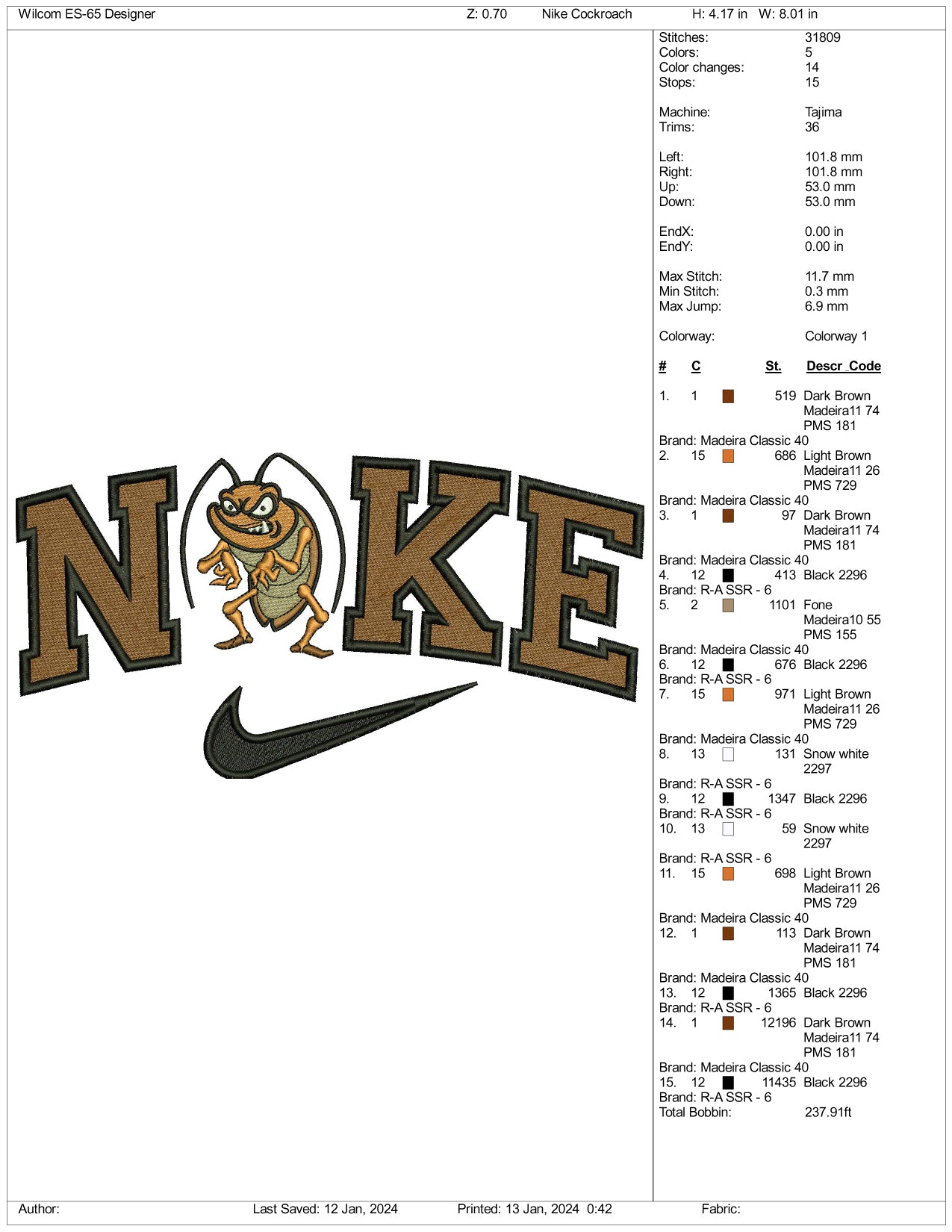 Nike Cockroach Embroidery Design Files - 3 Size's