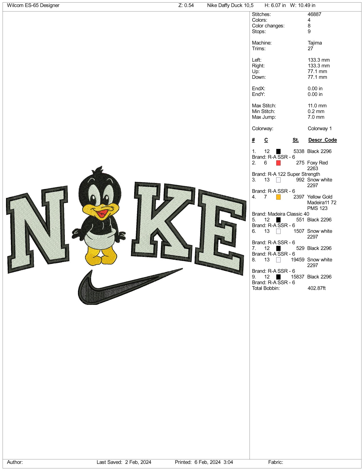 Nike Chibi Daffy Duck Embroidery Design Files - 3 Size's