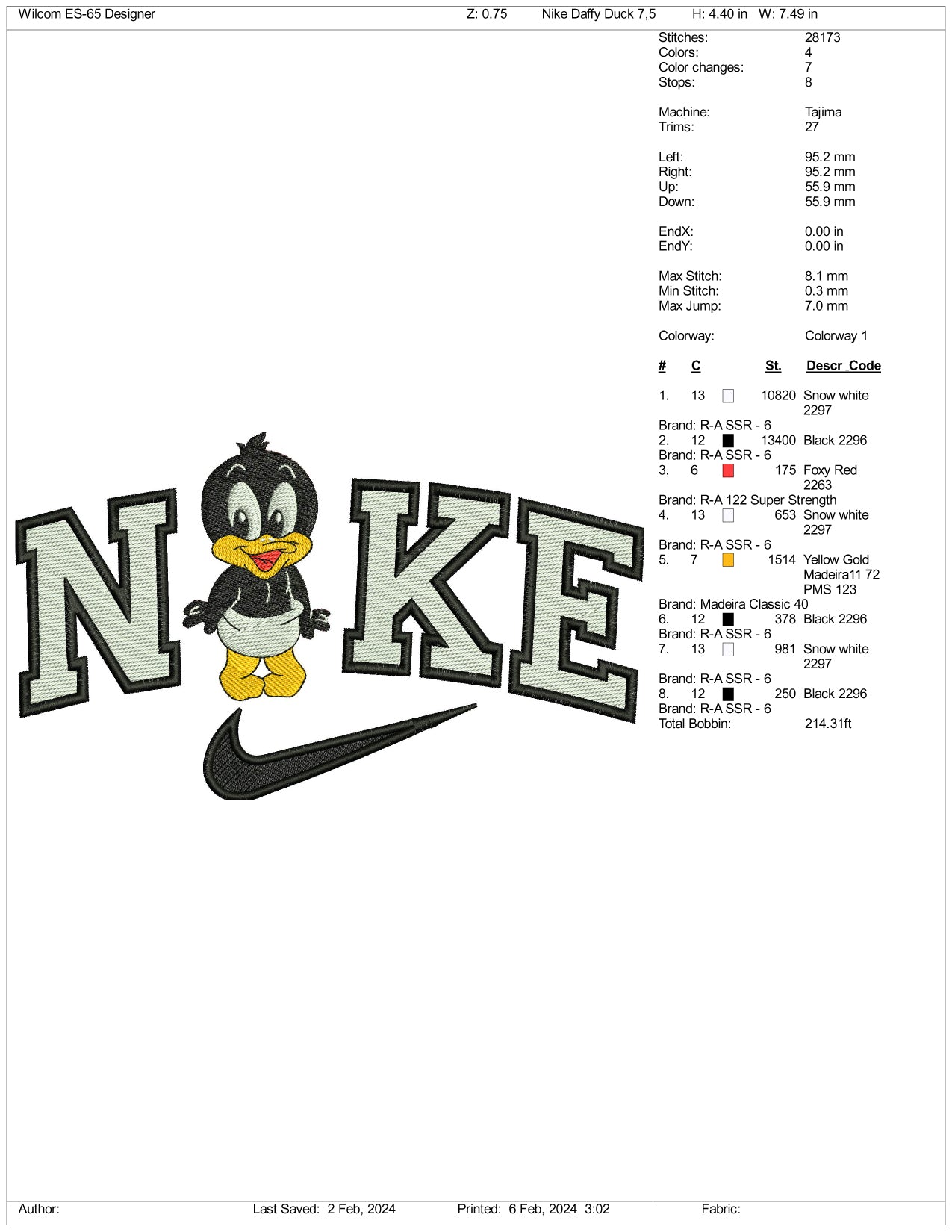 Nike Chibi Daffy Duck Embroidery Design Files - 3 Size's