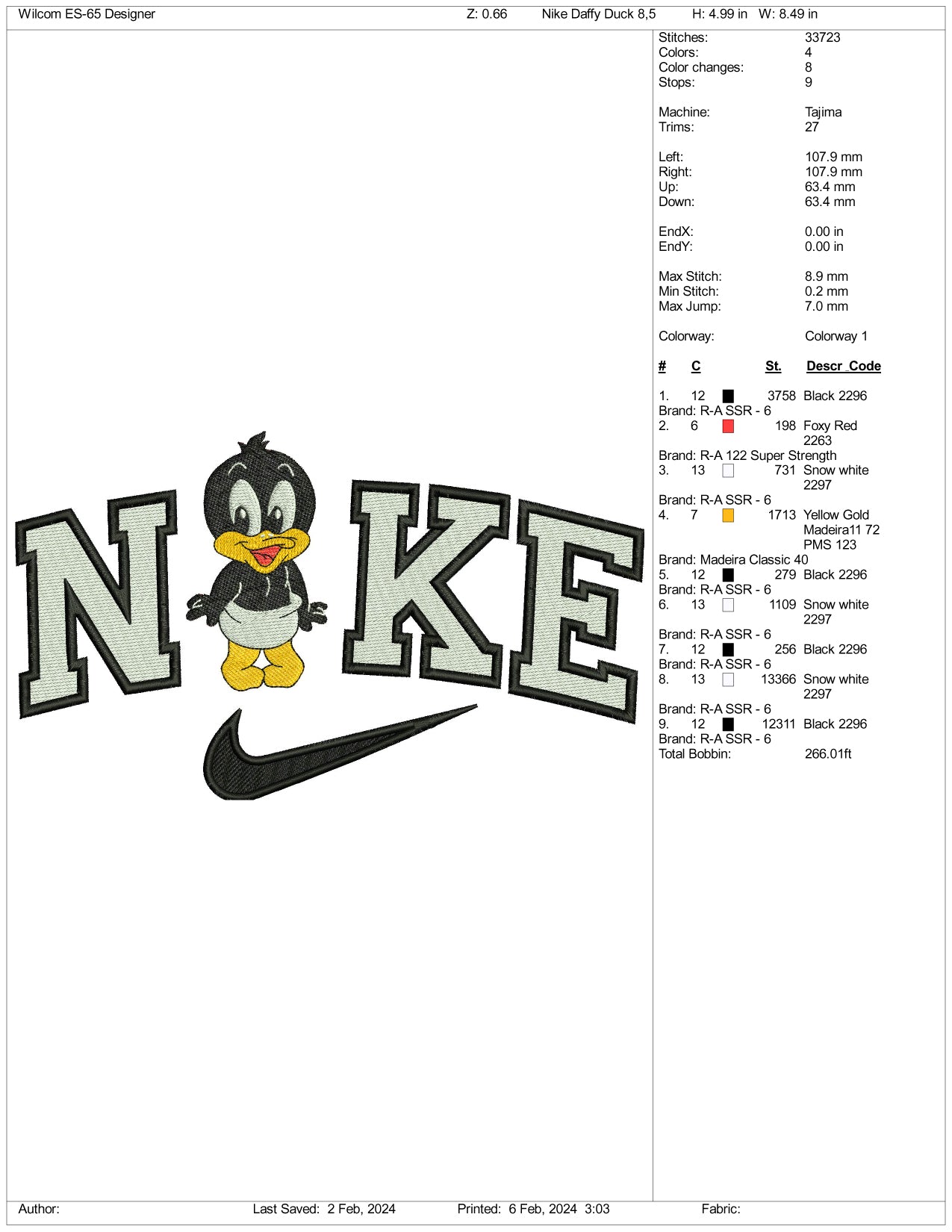 Nike Chibi Daffy Duck Embroidery Design Files - 3 Size's