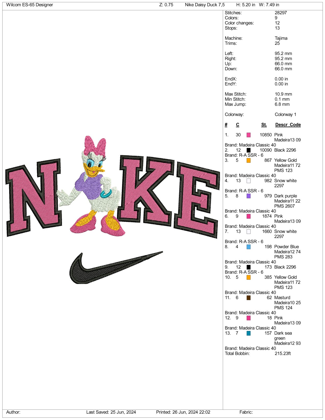 NIke Daisy Duck Full Embroidery Design Files - 3 Sizes