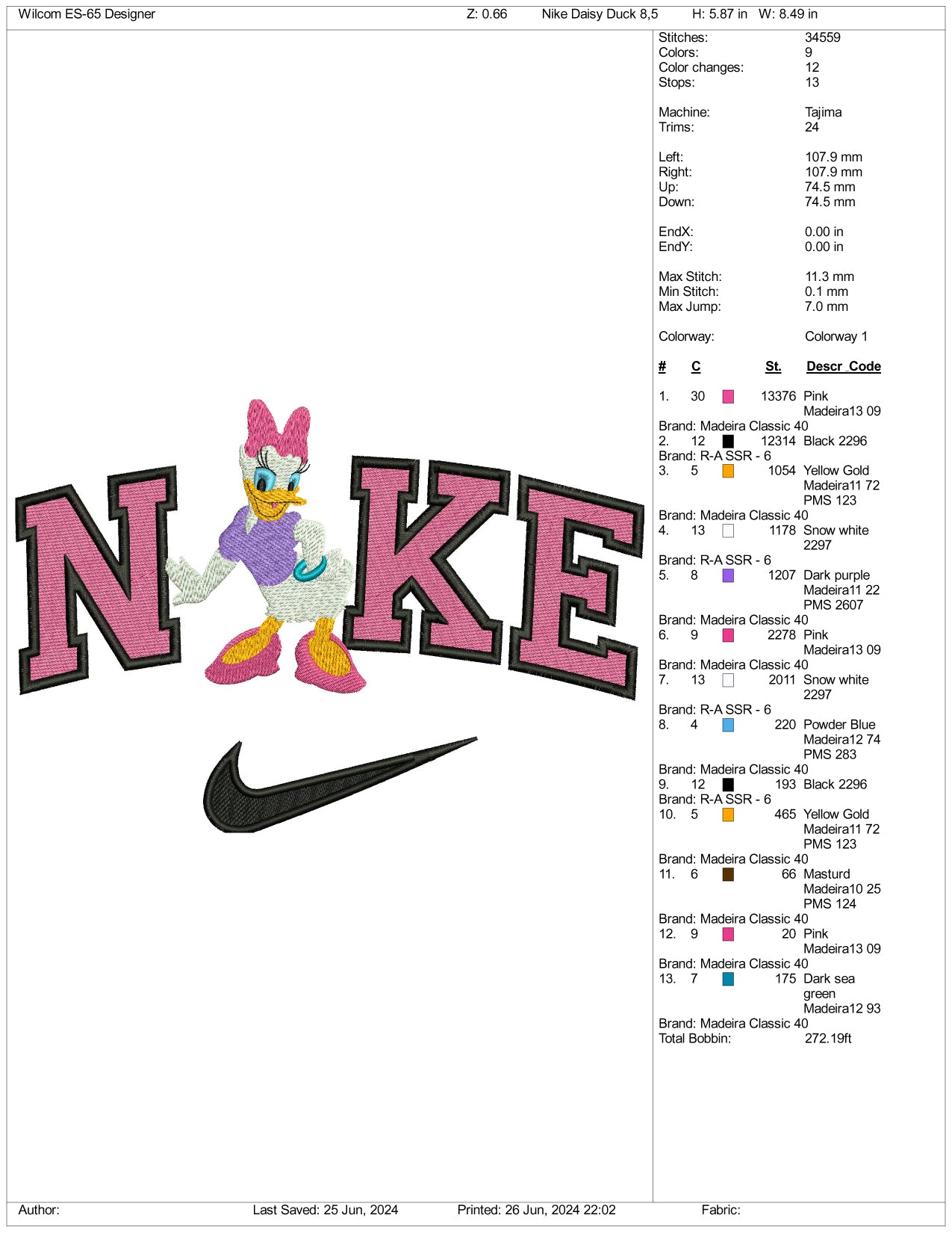 NIke Daisy Duck Full Embroidery Design Files - 3 Sizes