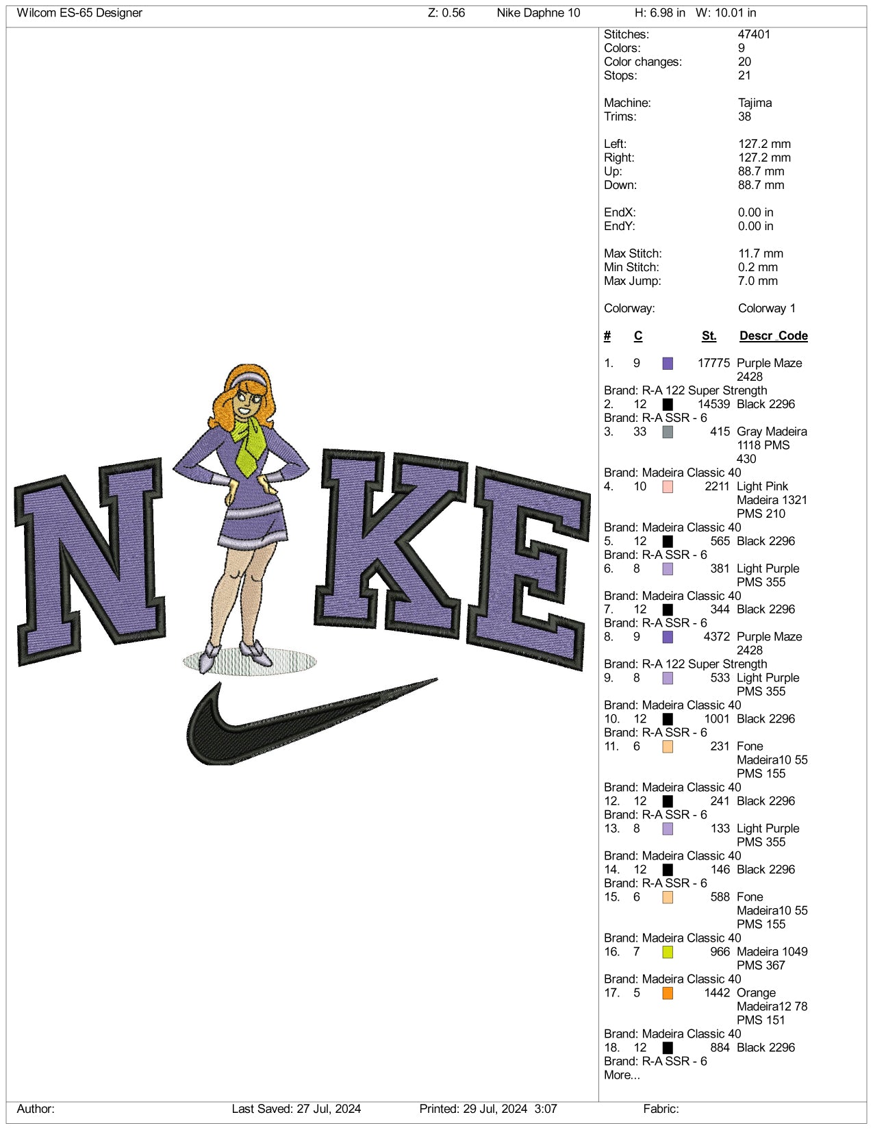 Nike Daphne Blake Embroidery Design Files - 3 Size's