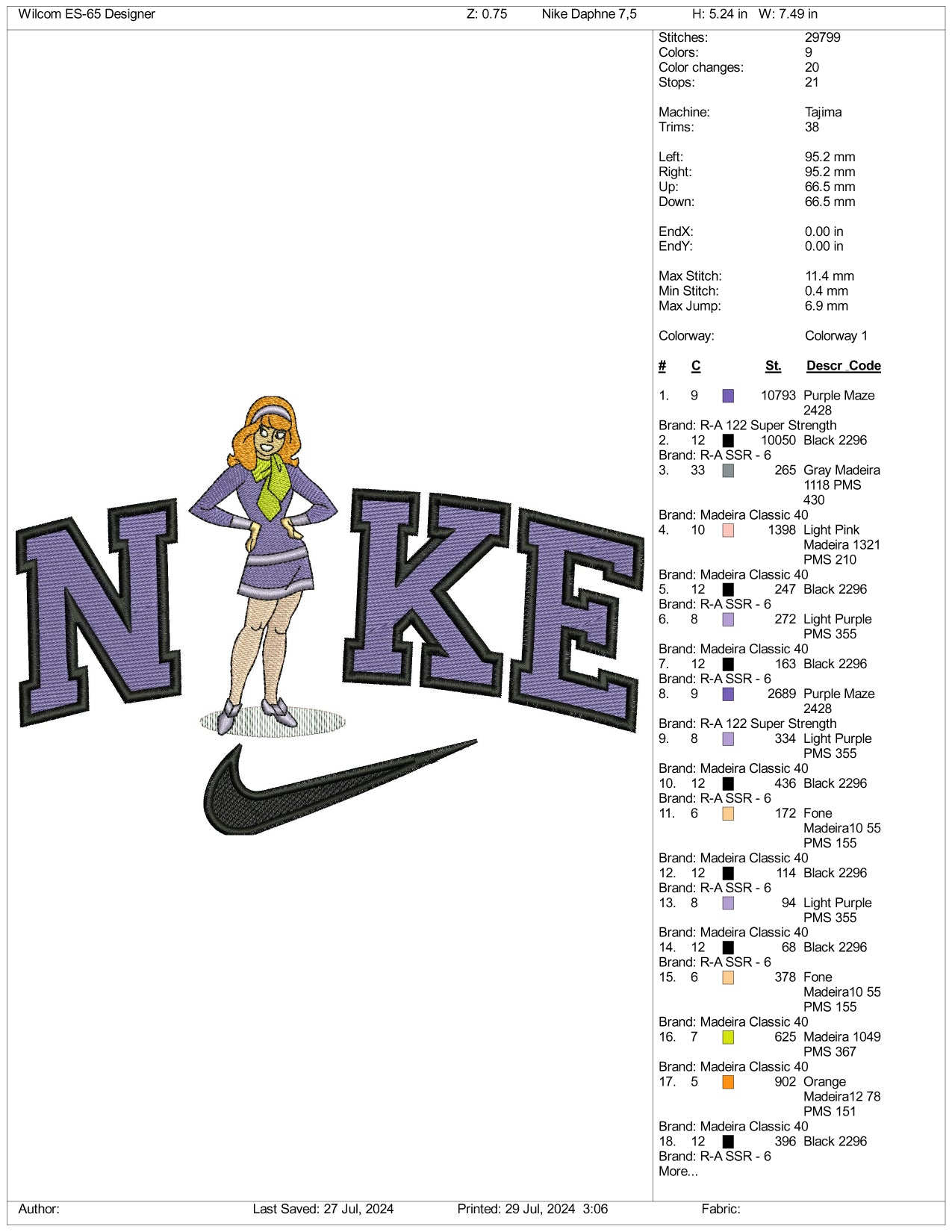 Nike Daphne Blake Embroidery Design Files - 3 Size's