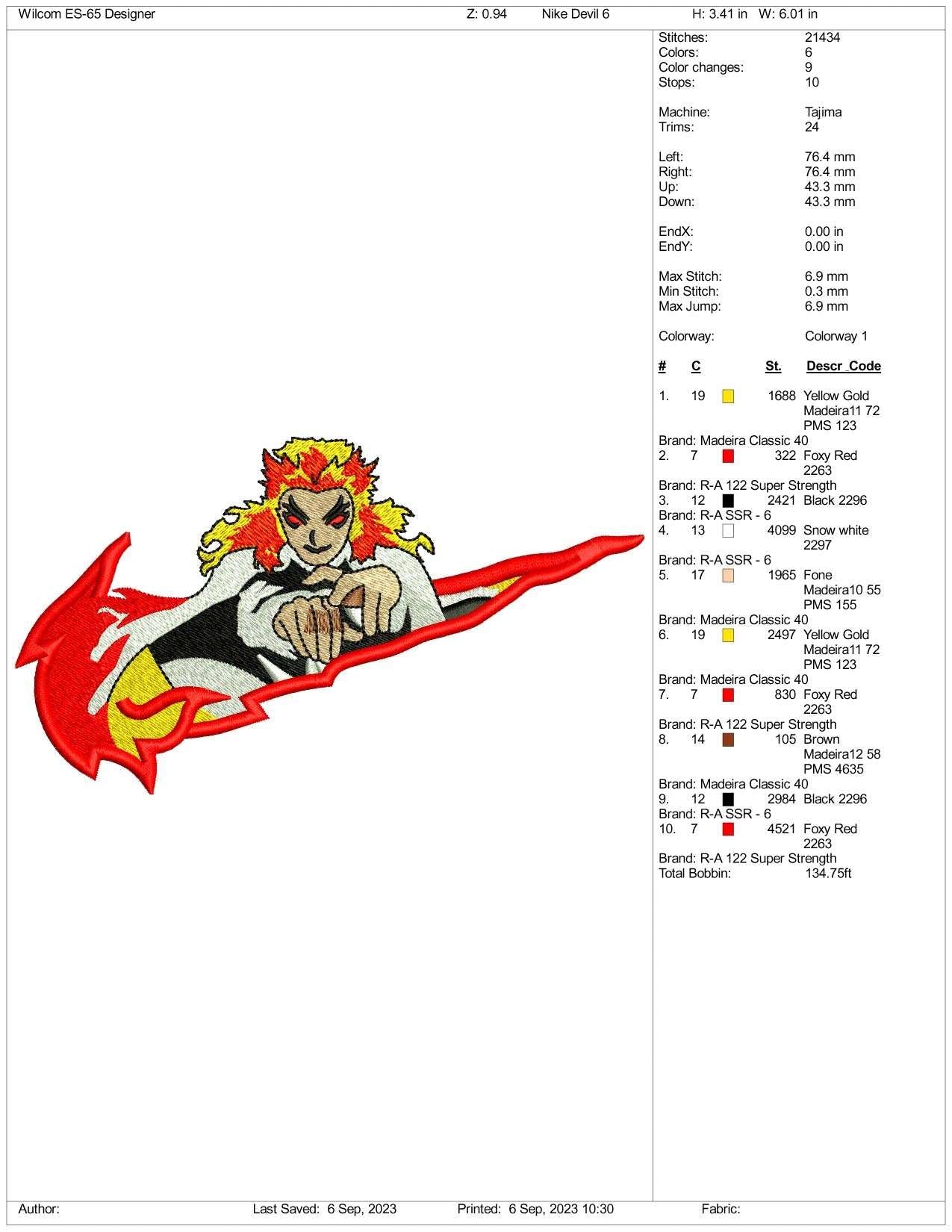 Nike Kyojuro Rengoku Embroidery Design Files - 3 Size's