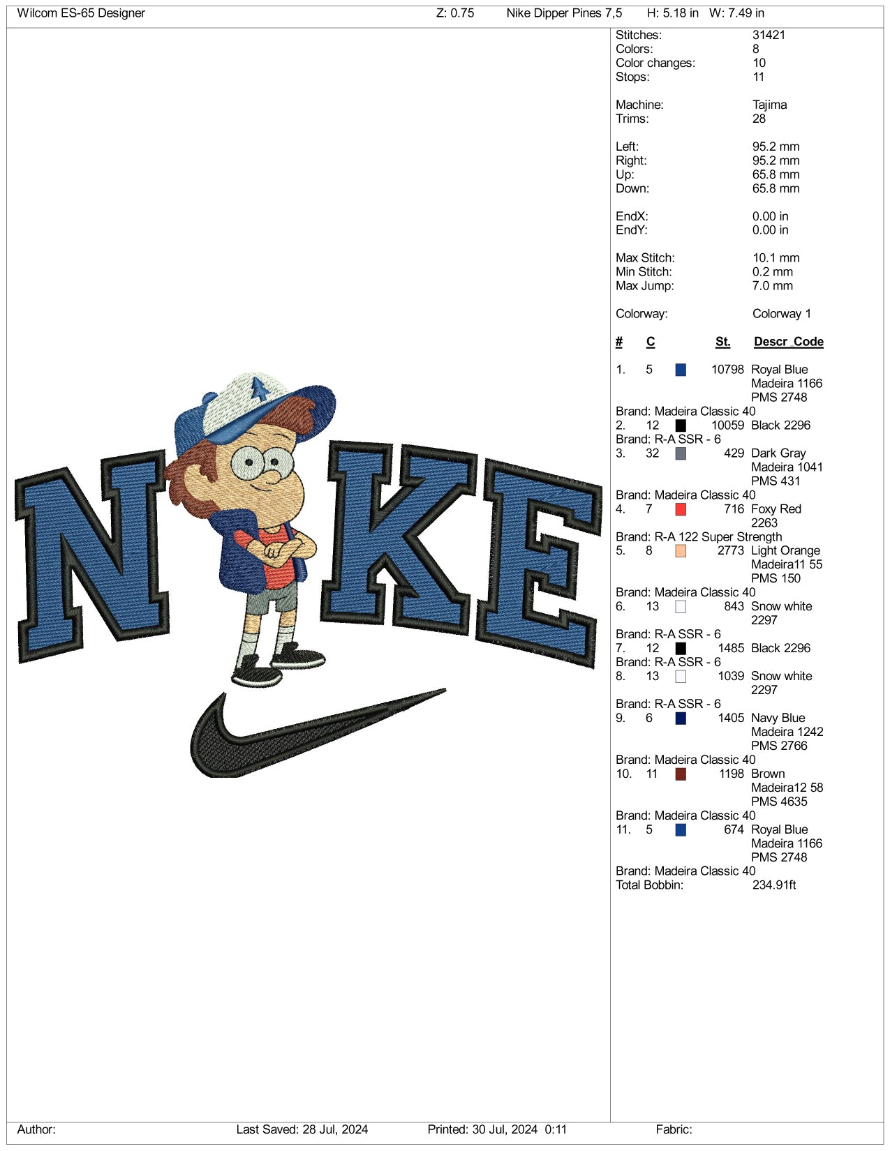 Nike Dipper Pines Embroidery Design Files - 3 Size's