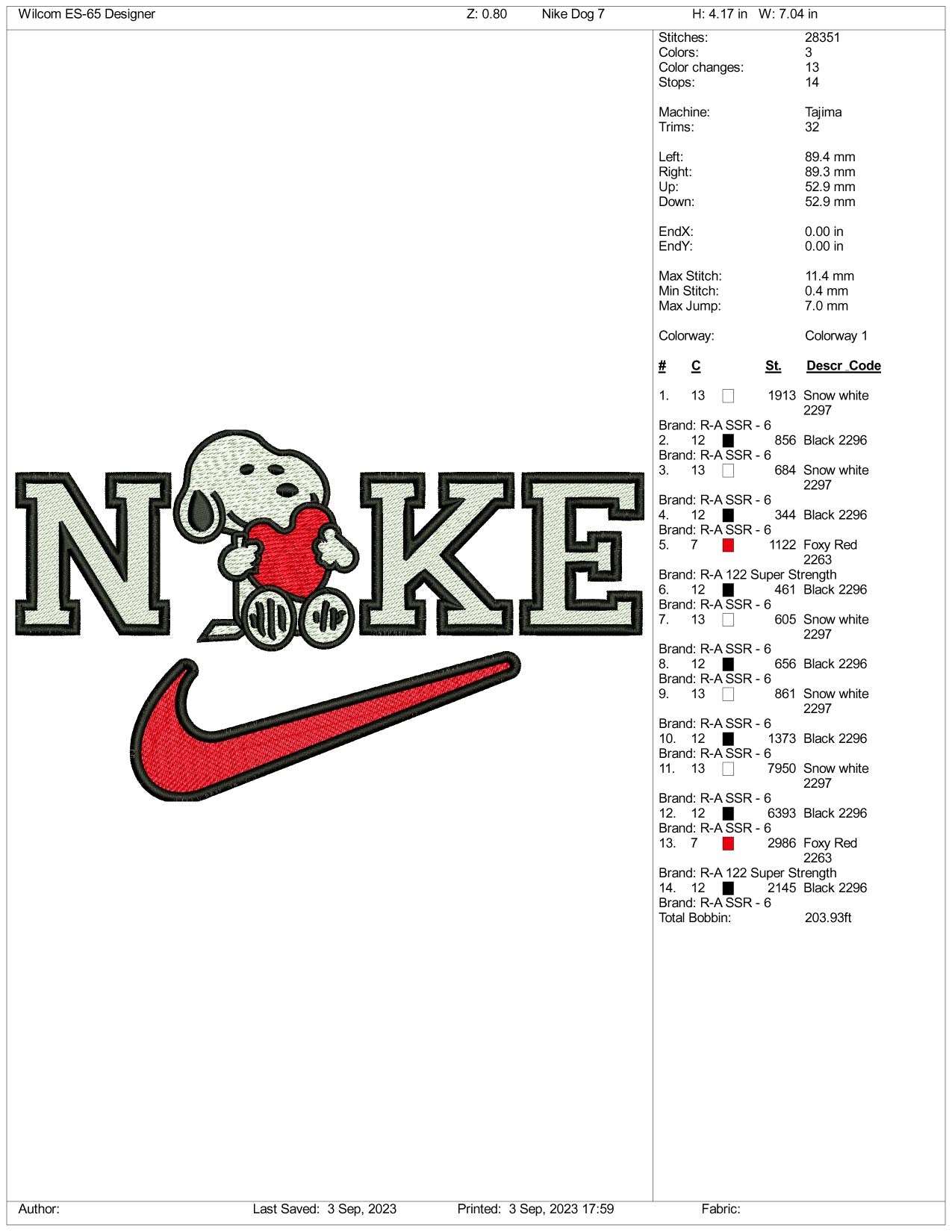 Nike Snoopy Embroidery Design Files - 3 Size's