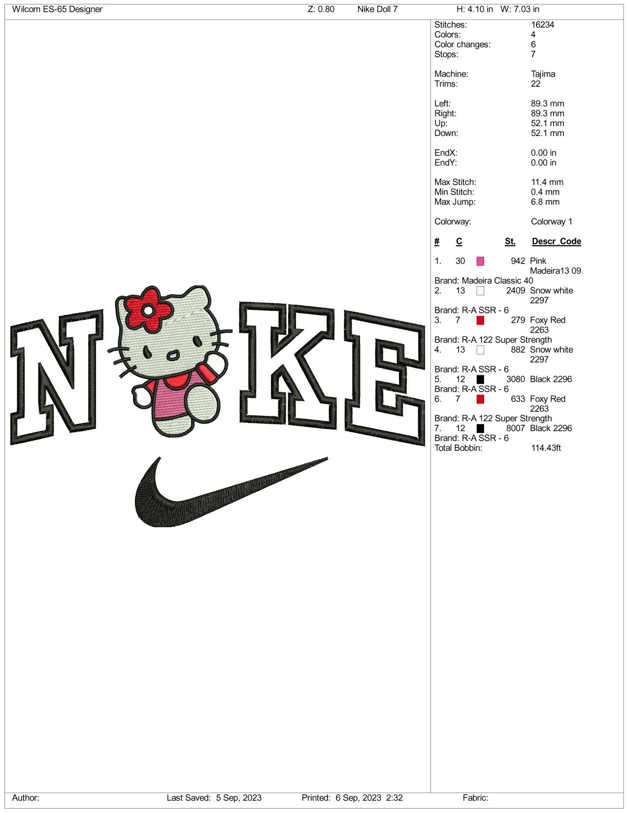 Nike Hello Kitty Embroidery Design Files - 3 Size's