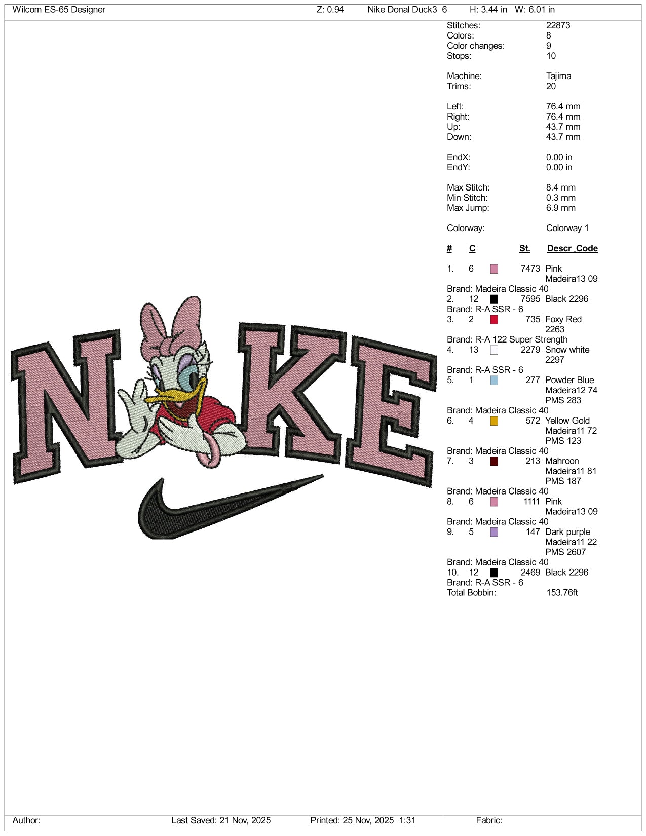 NIke Daisy Duck v7 Embroidery Design Files - 3 Sizes