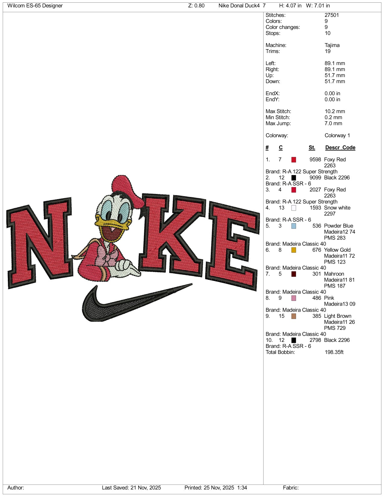 Nike Donald Duck v10 Embroidery Design Files - 3 Size's