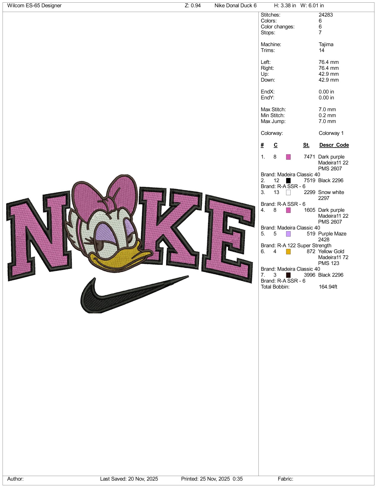 NIke Daisy Duck v6 Embroidery Design Files - 3 Sizes
