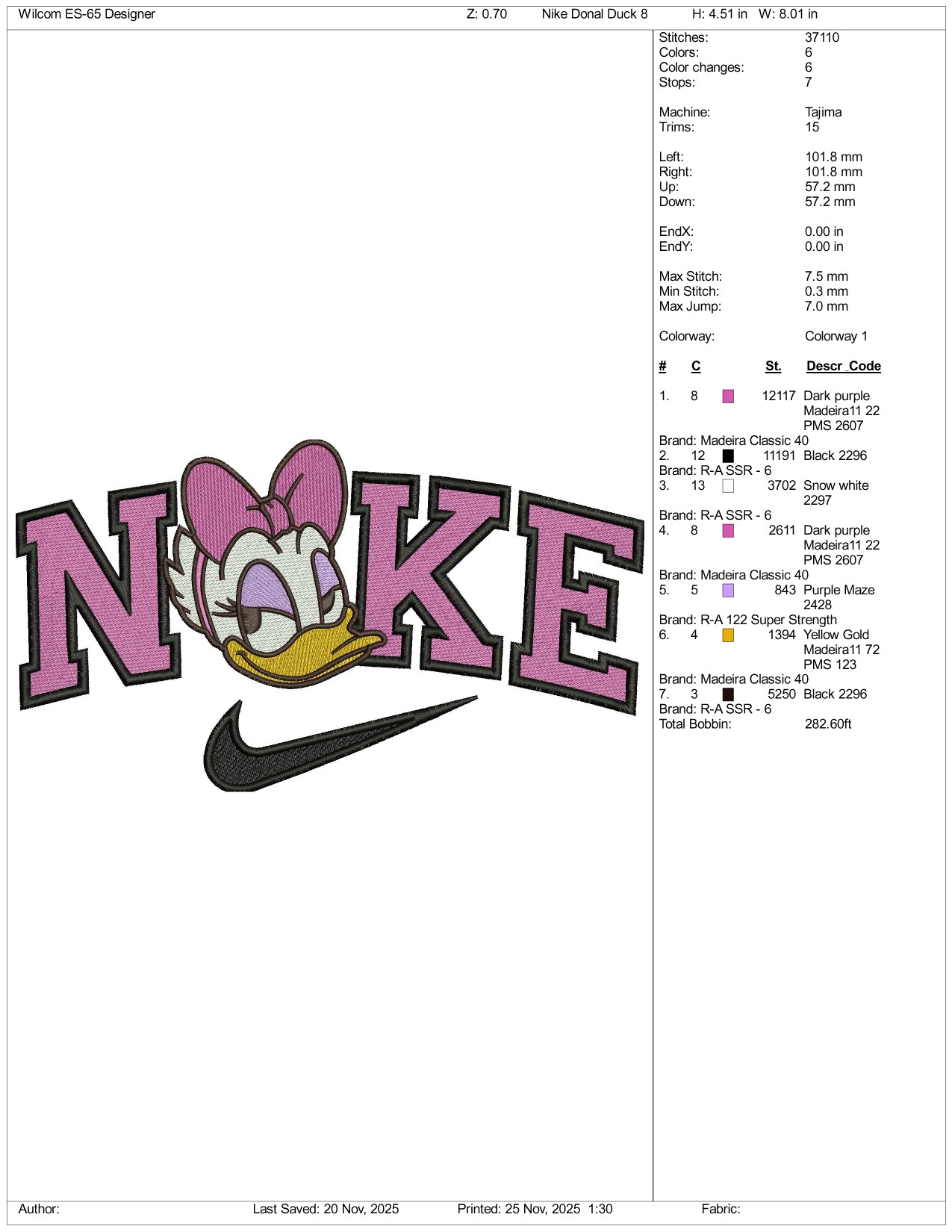 NIke Daisy Duck v6 Embroidery Design Files - 3 Sizes