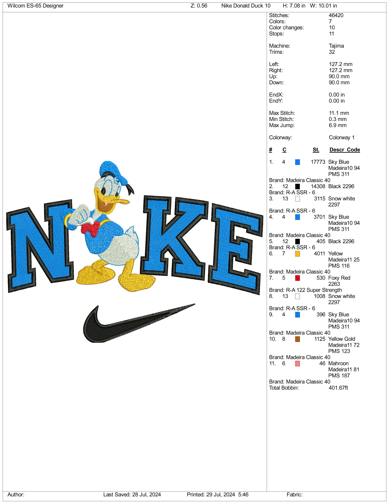 NIke Donald Duck Embroidery Design Files - 3 Size's