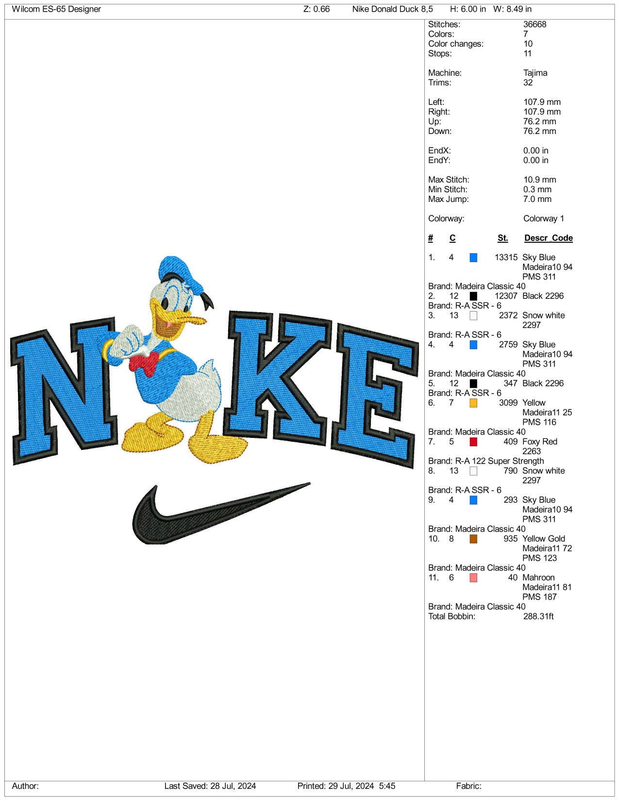 NIke Donald Duck Embroidery Design Files - 3 Size's