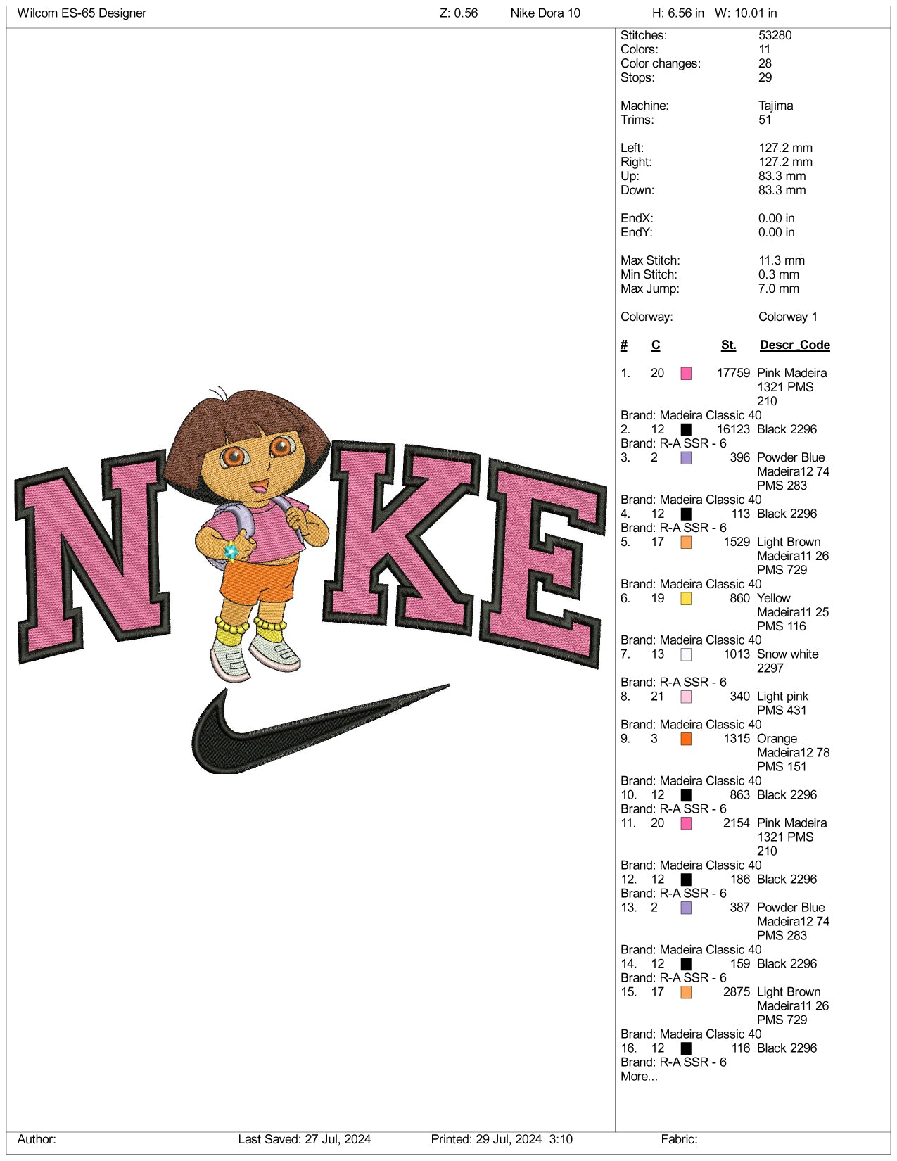 Nike Dora Embroidery Design Files - 3 Size's