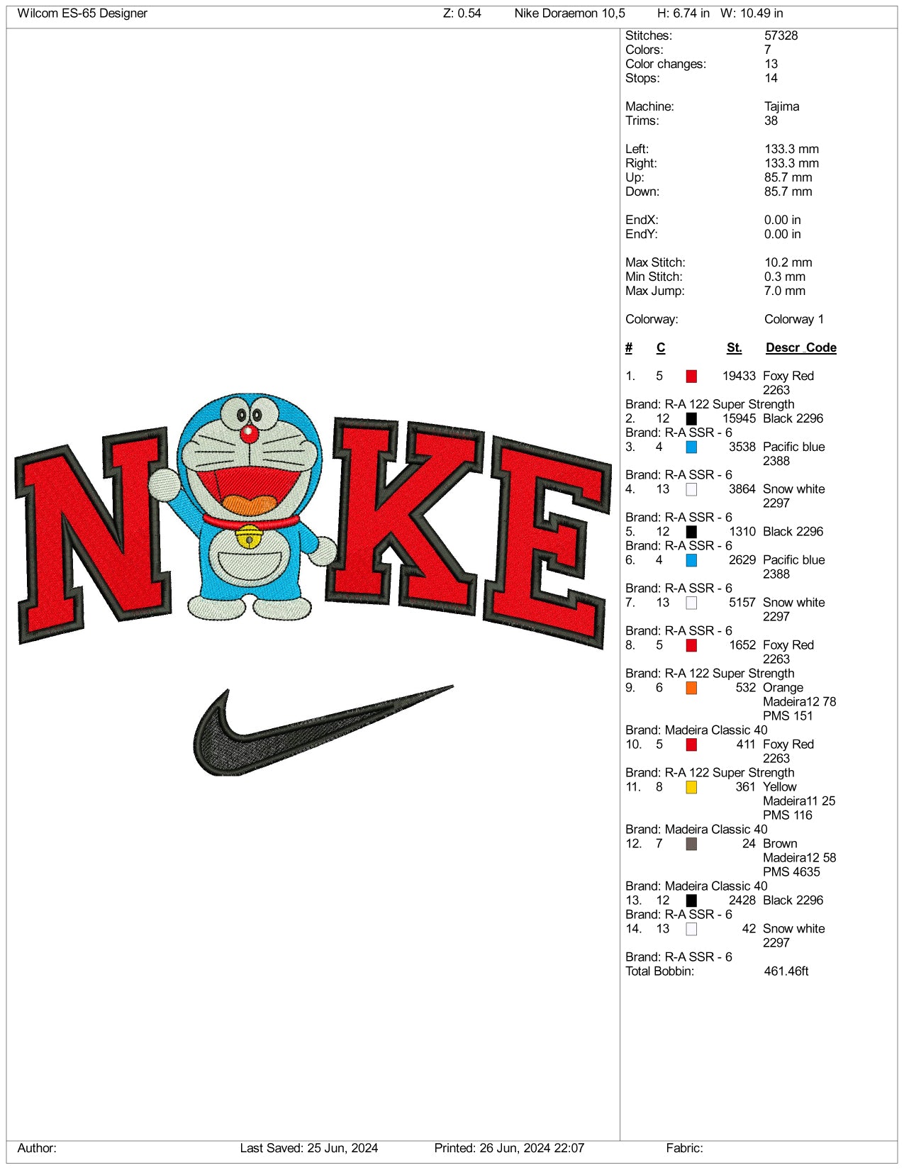 Nike Doraemon Embroidery Design Files - 3 Sizes