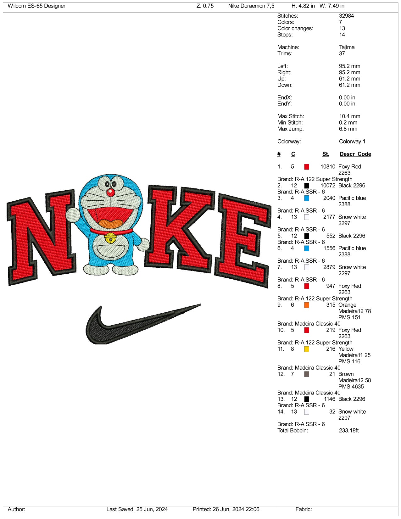 Nike Doraemon Embroidery Design Files - 3 Sizes