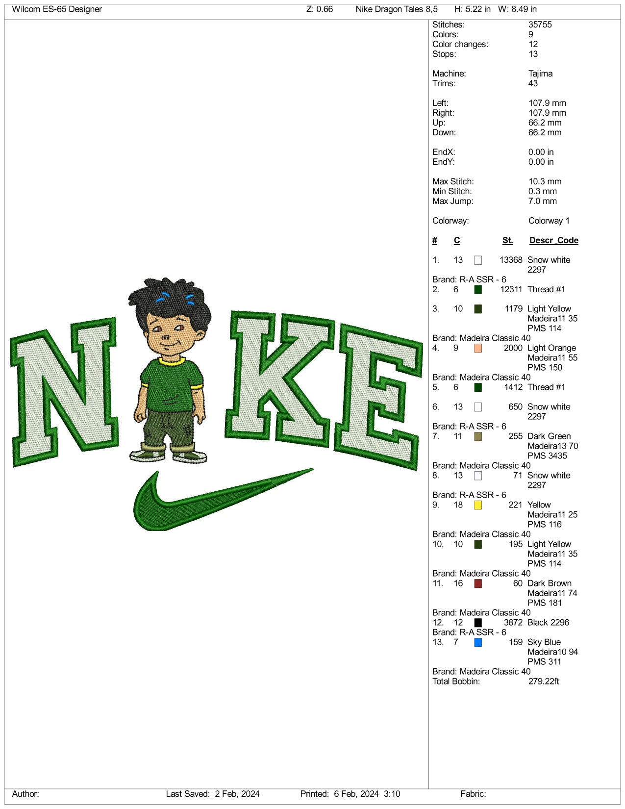 NIke Dragon Tales Nick Embroidery Design Files - 3 Size's