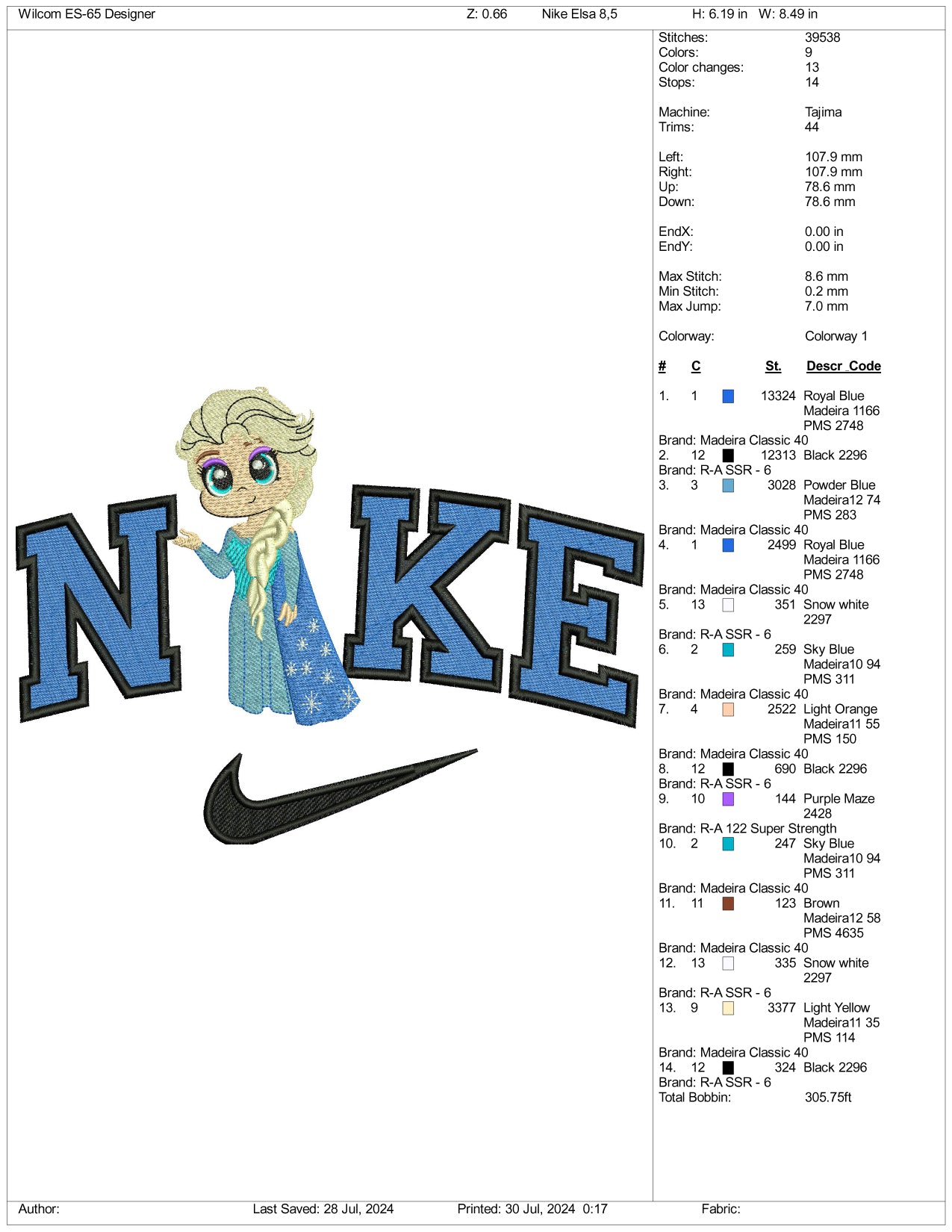 Nike Chibi Elsa Embroidery Design Files - 3 Size's